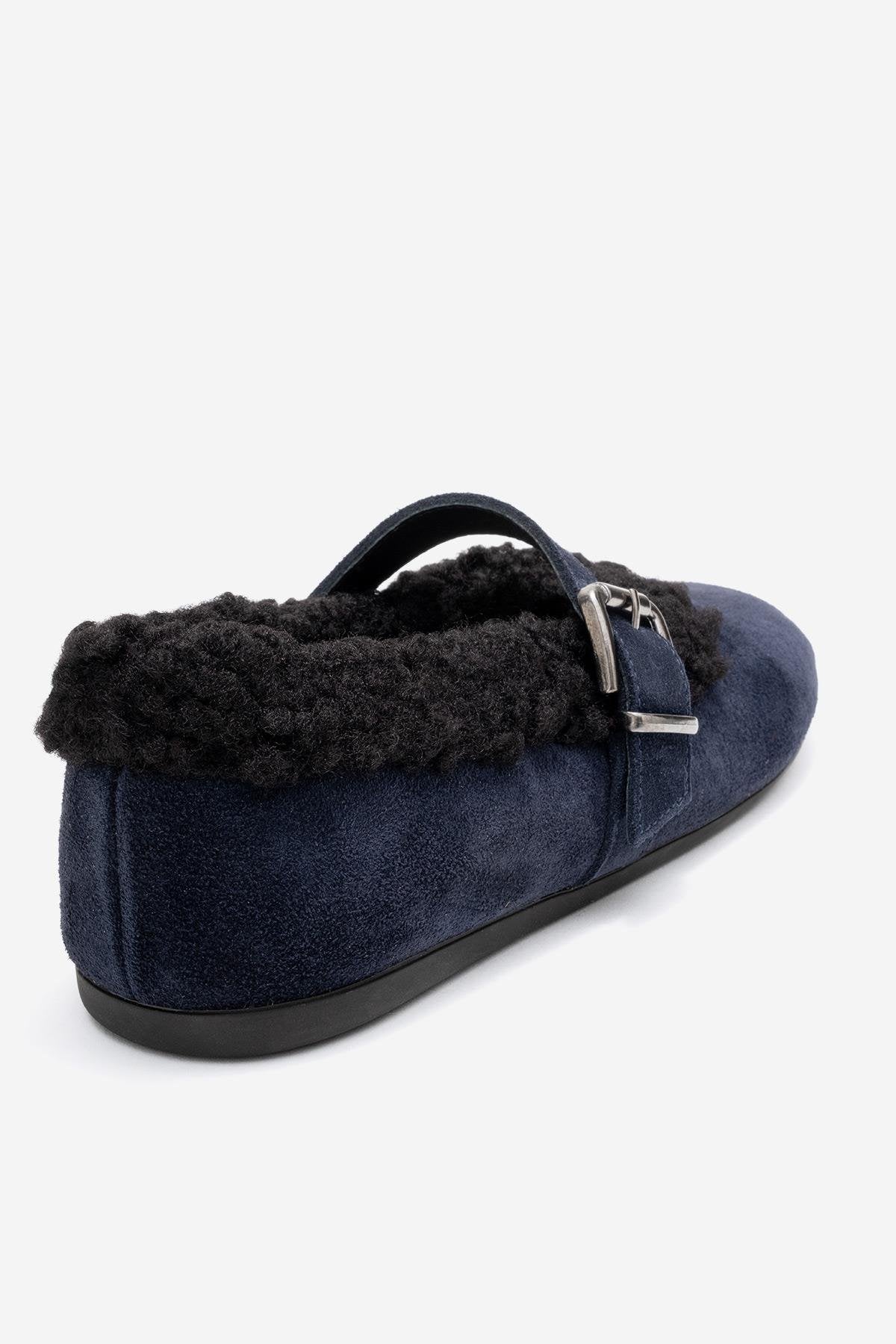 Guin - Navy Suede Genuine Leather Plush-Trim Strap Ballet Flat (Women) - Image 5