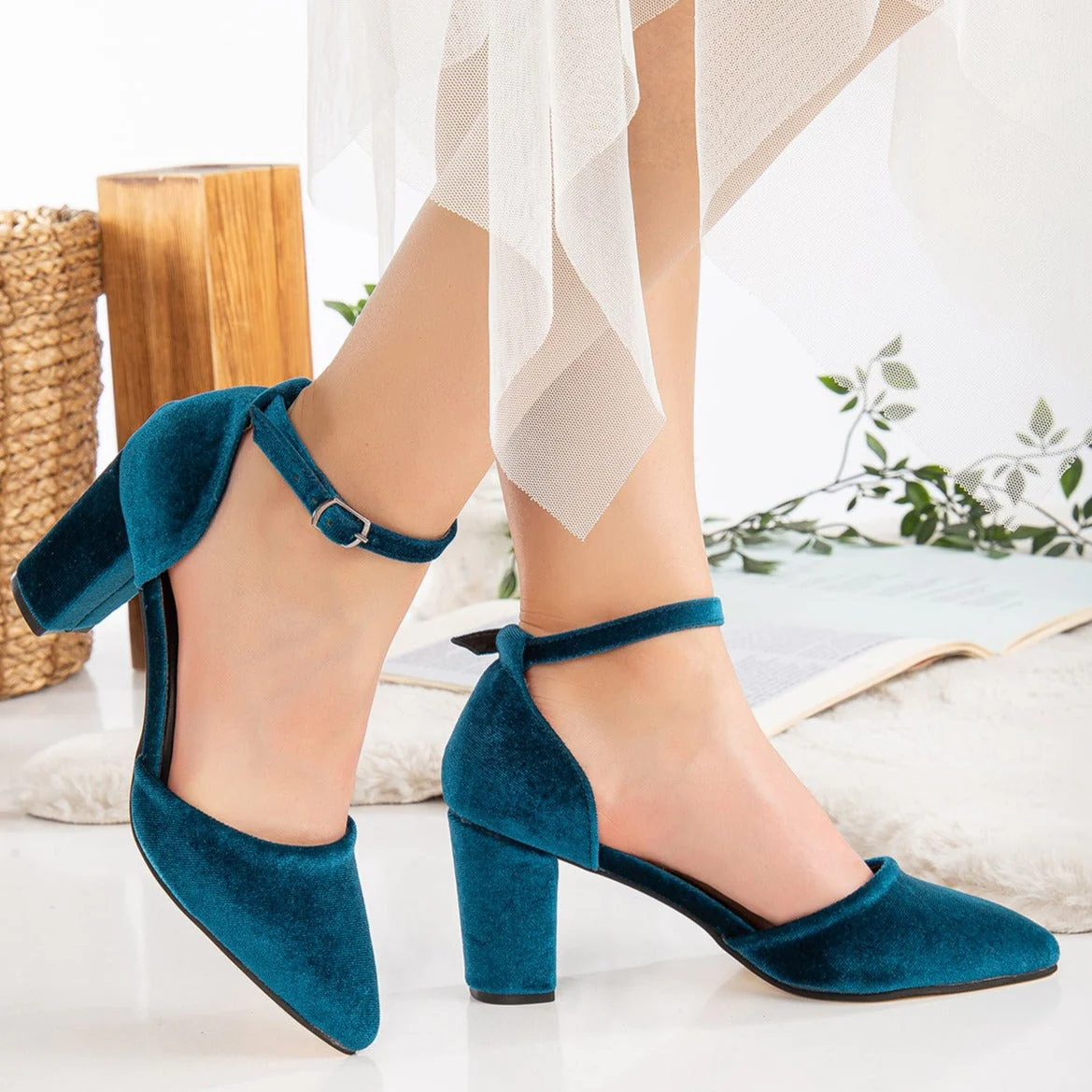 Hazel - Teal Blue Velvet Wedding Heels with Pearls - Image 7