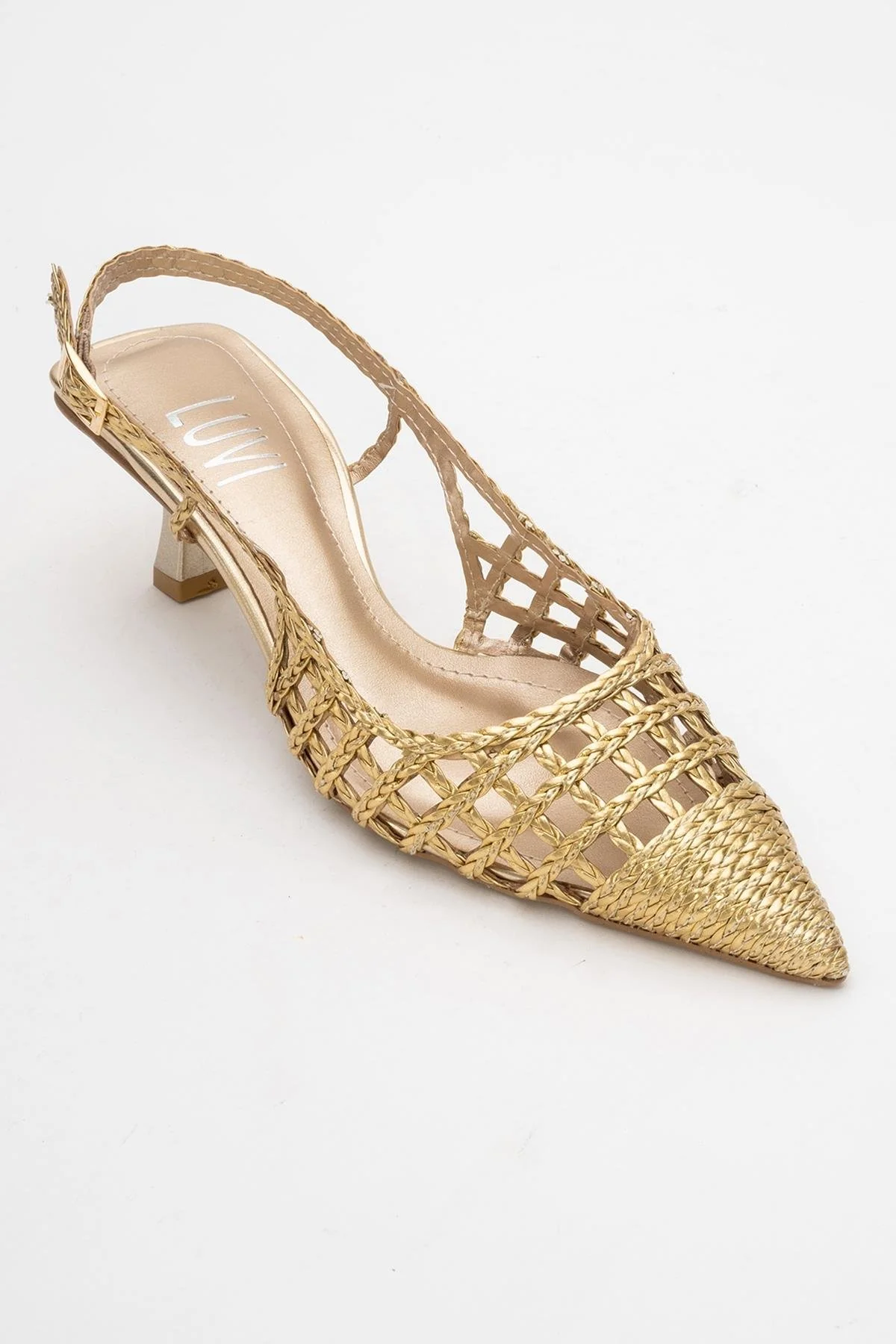 Heaven - Gold Knitted Open-Back Slingback Low Heel Shoe (Women) - Image 3