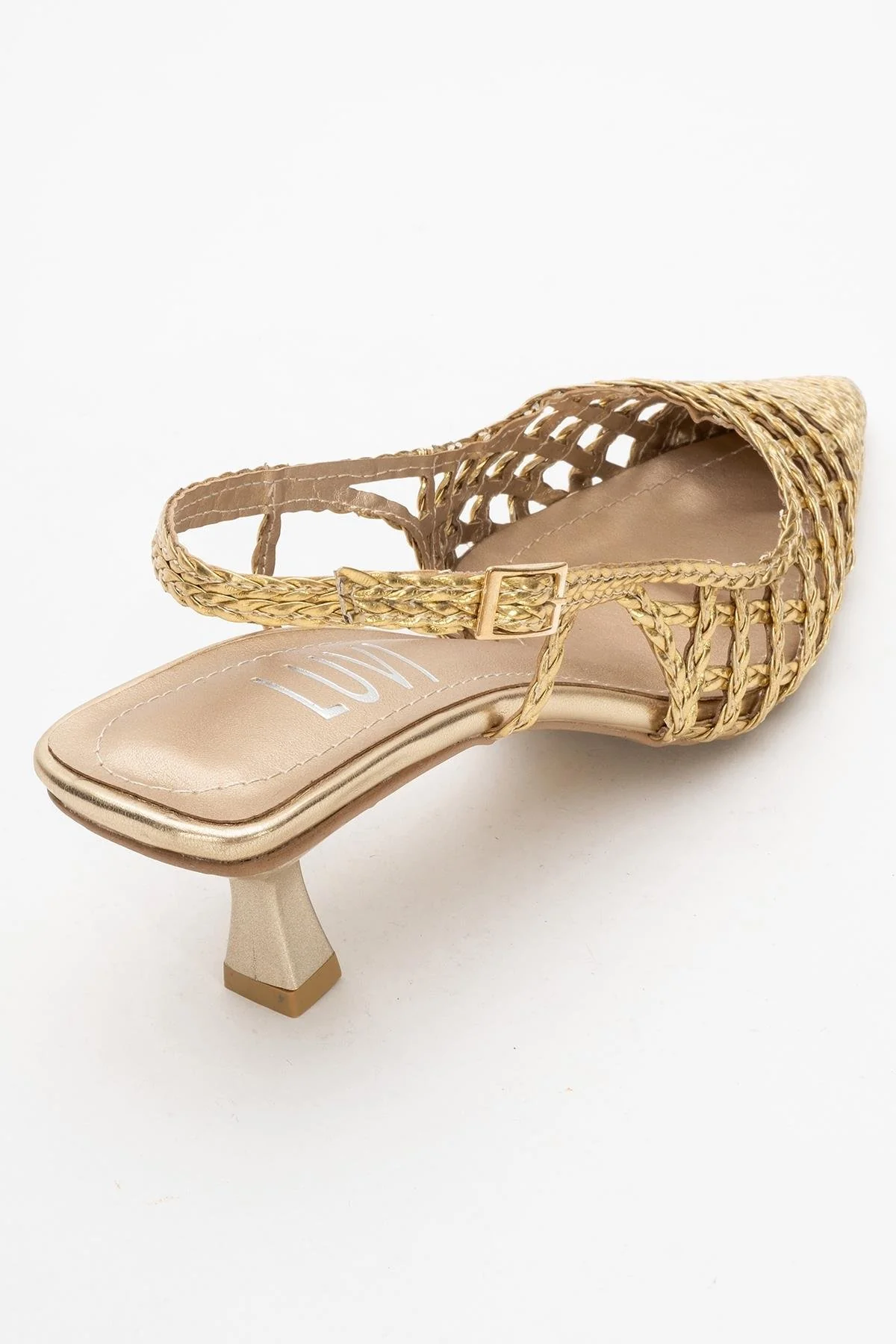 Heaven - Gold Knitted Open-Back Slingback Low Heel Shoe (Women) - Image 5