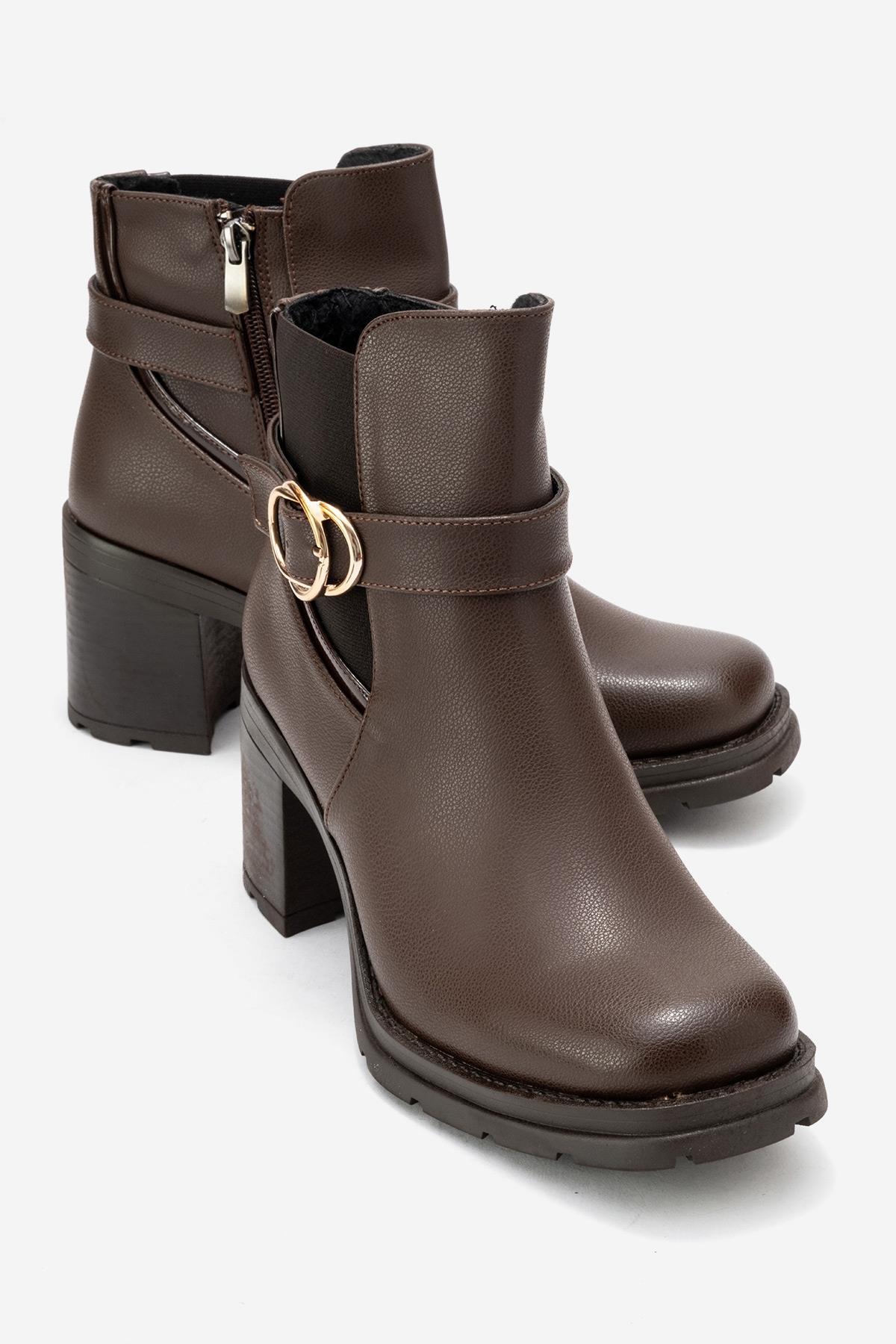 HEİLE - Brown Buckled Block Heel Boot (Women)