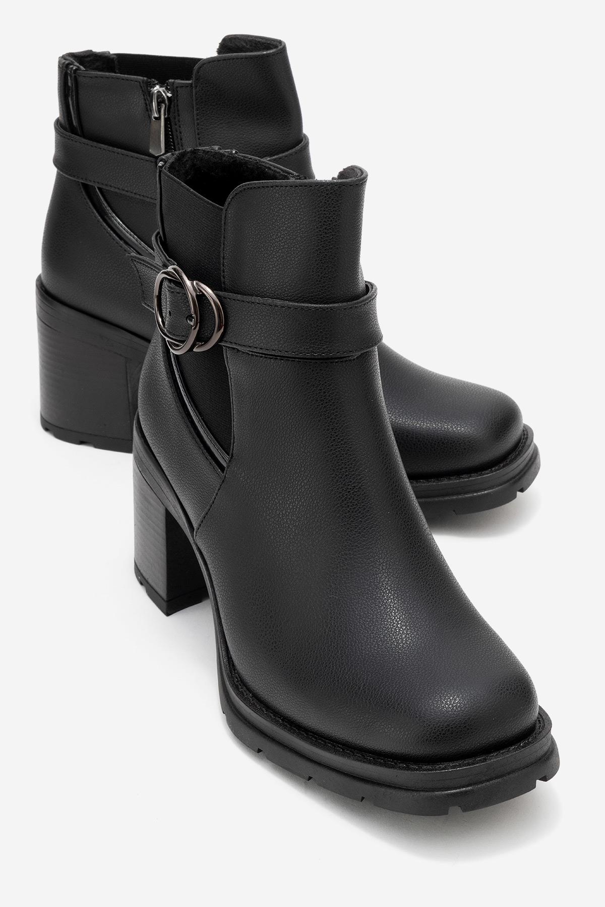 Heile - Black Buckle Block Heel Boot (Women)
