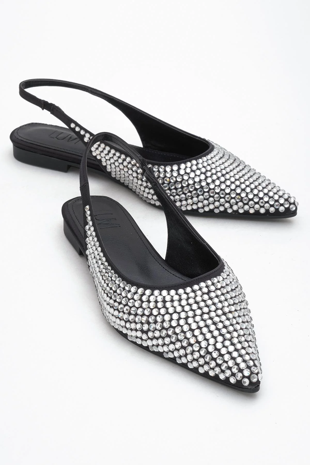 Ida - Black Silver Pointed Toe Slingback Ballerina Flat (Women)