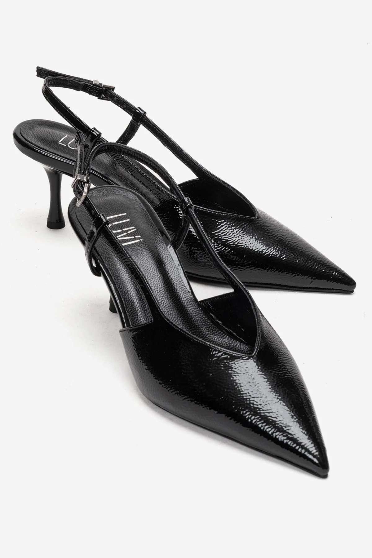 Irena - Black Patent Backless Pointed Toe Stiletto Pump, Genuine Leather (Women)