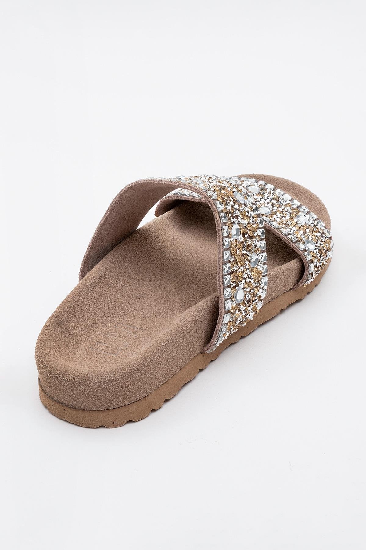 Jamie - beige Leather Double Strap Slide Sandal with Stones (Women) - Image 5