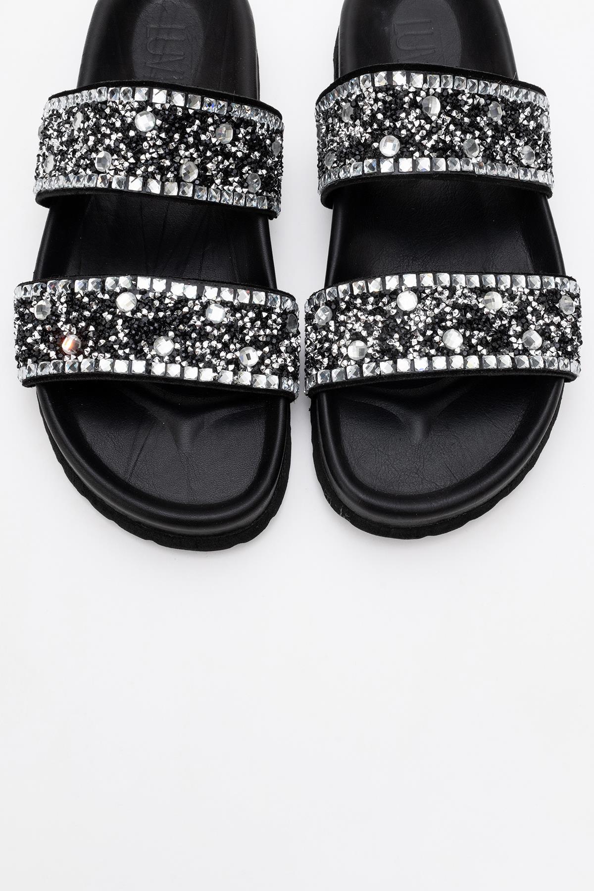 Jamie - Black Leather Double Strap Slide Sandal with Stones (Women) - Image 2