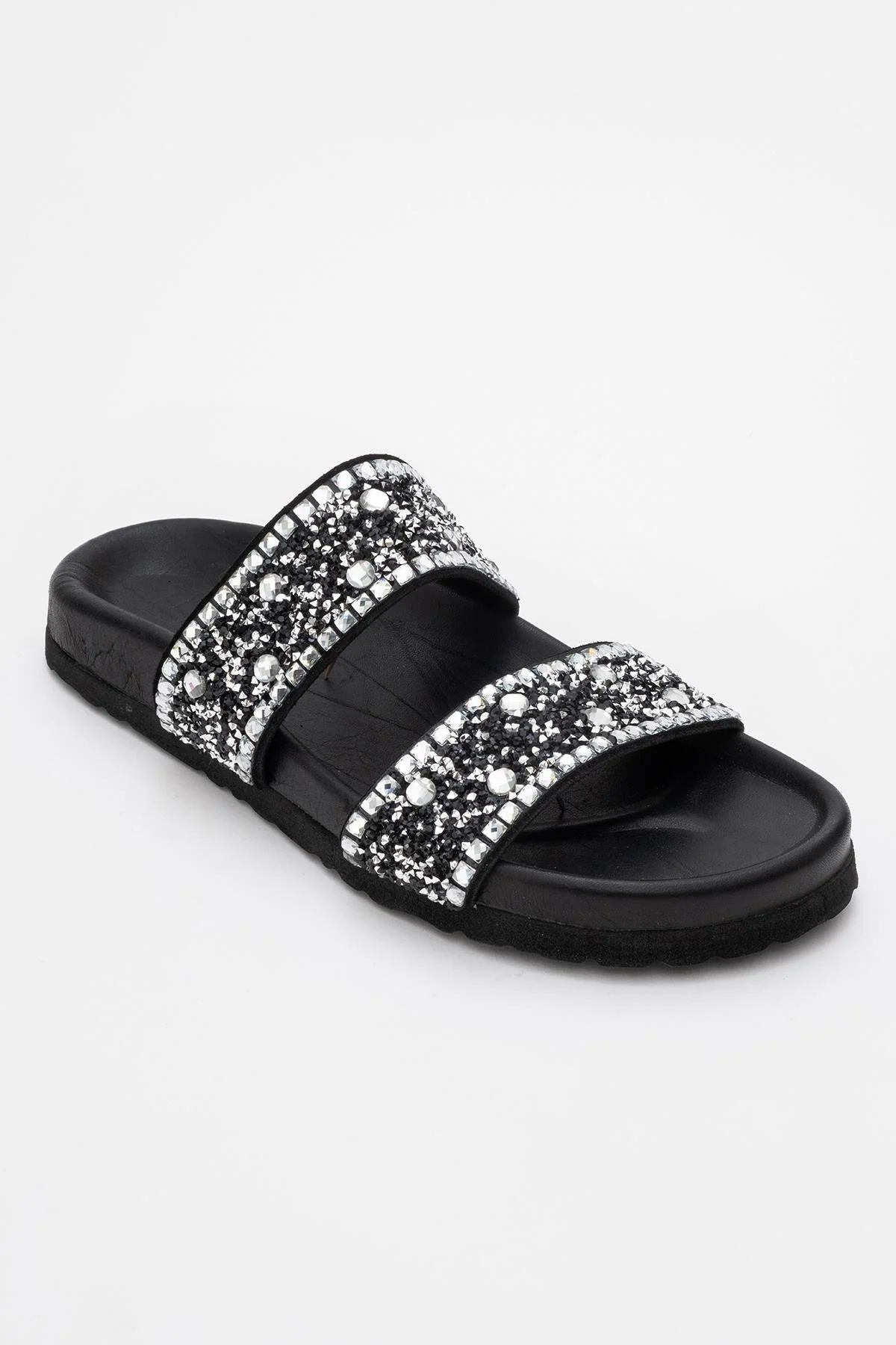 Jamie - Black Leather Double Strap Slide Sandal with Stones (Women) - Image 3