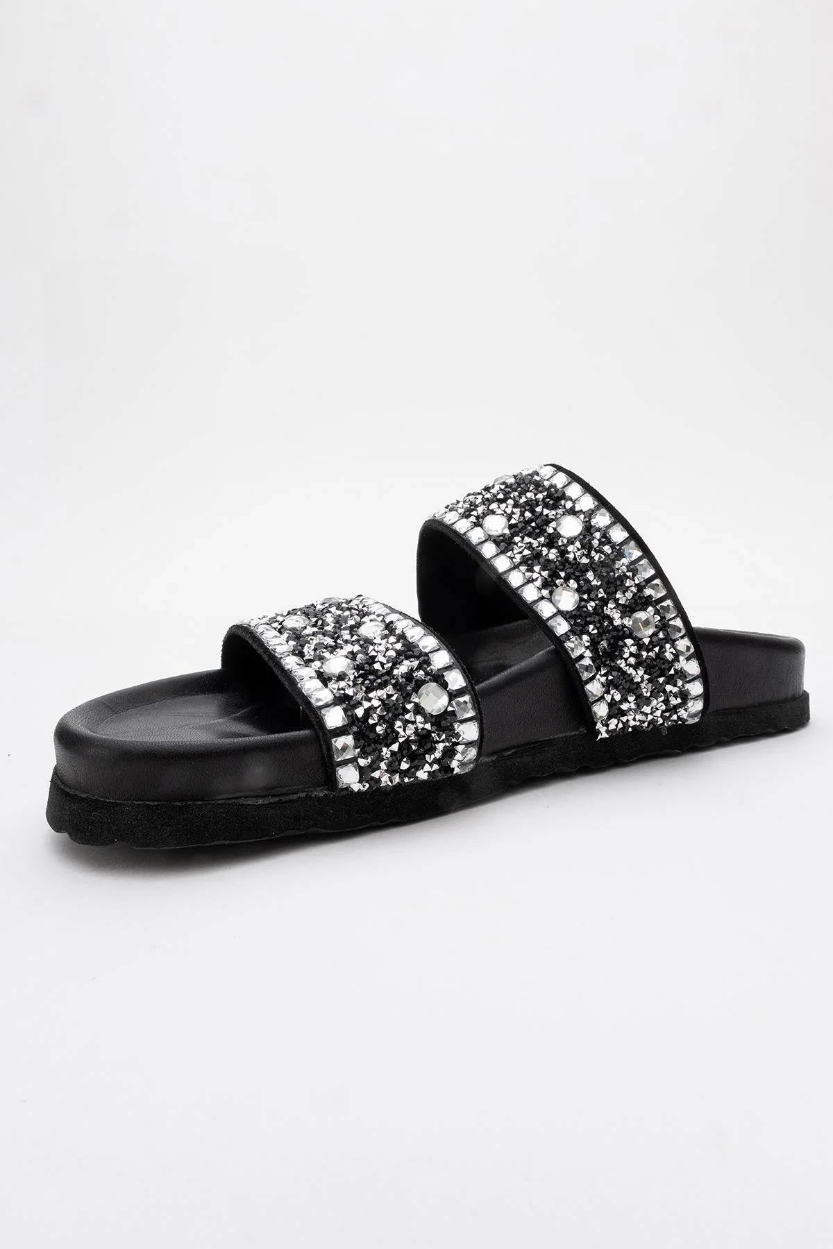 Jamie - Black Leather Double Strap Slide Sandal with Stones (Women) - Image 4