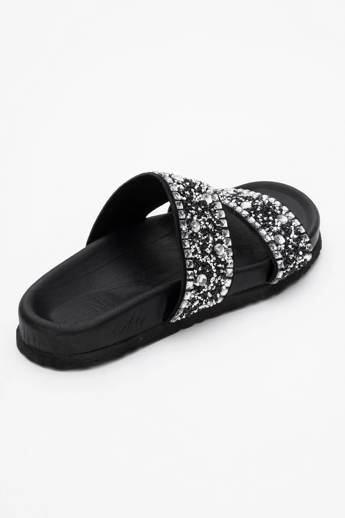 Jamie - Black Leather Double Strap Slide Sandal with Stones (Women) - Image 5