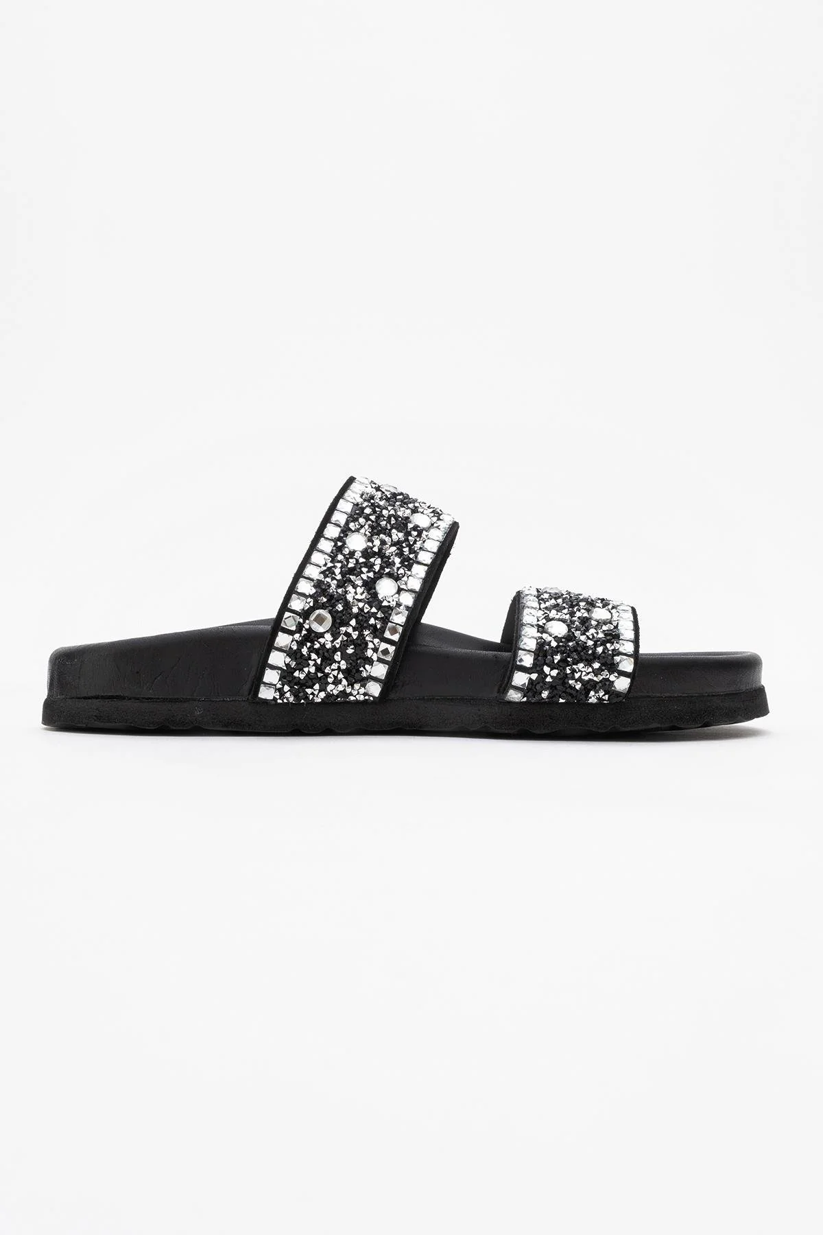Jamie - Black Leather Double Strap Slide Sandal with Stones (Women) - Image 6