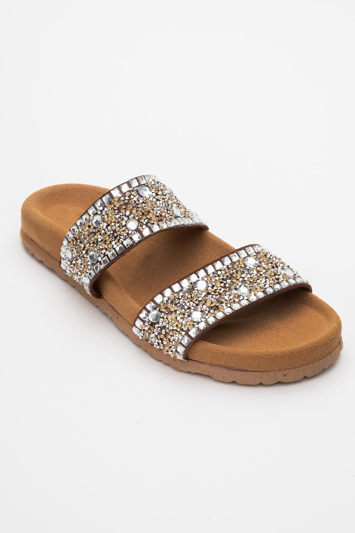 Jamie - Cognac Brown Leather Double Strap Slide Sandal with Stones (Women) - Image 5