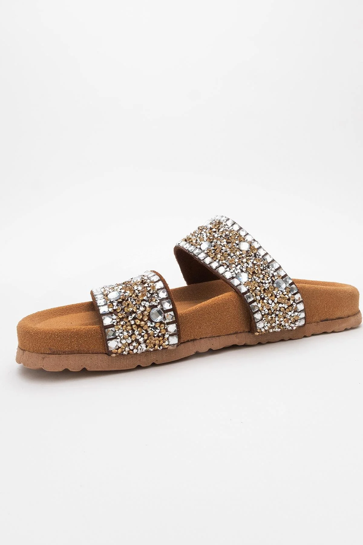 Jamie - Cognac Brown Leather Double Strap Slide Sandal with Stones (Women) - Image 6