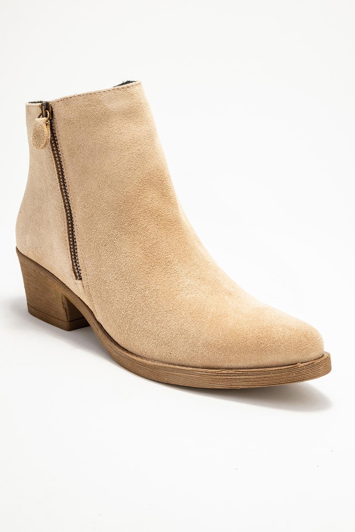Jayer - Beige Suede Genuine Leather Zip-Up Heeled Boot (Women) - Image 3