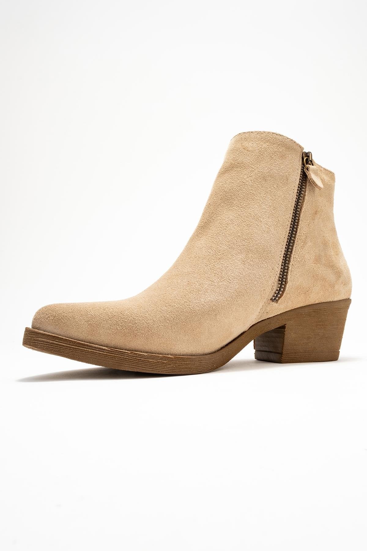 Jayer - Beige Suede Genuine Leather Zip-Up Heeled Boot (Women) - Image 4