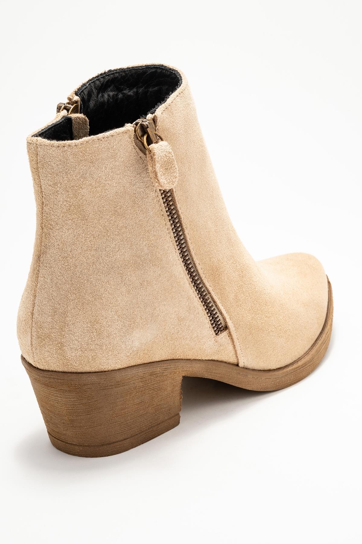 Jayer - Beige Suede Genuine Leather Zip-Up Heeled Boot (Women) - Image 5