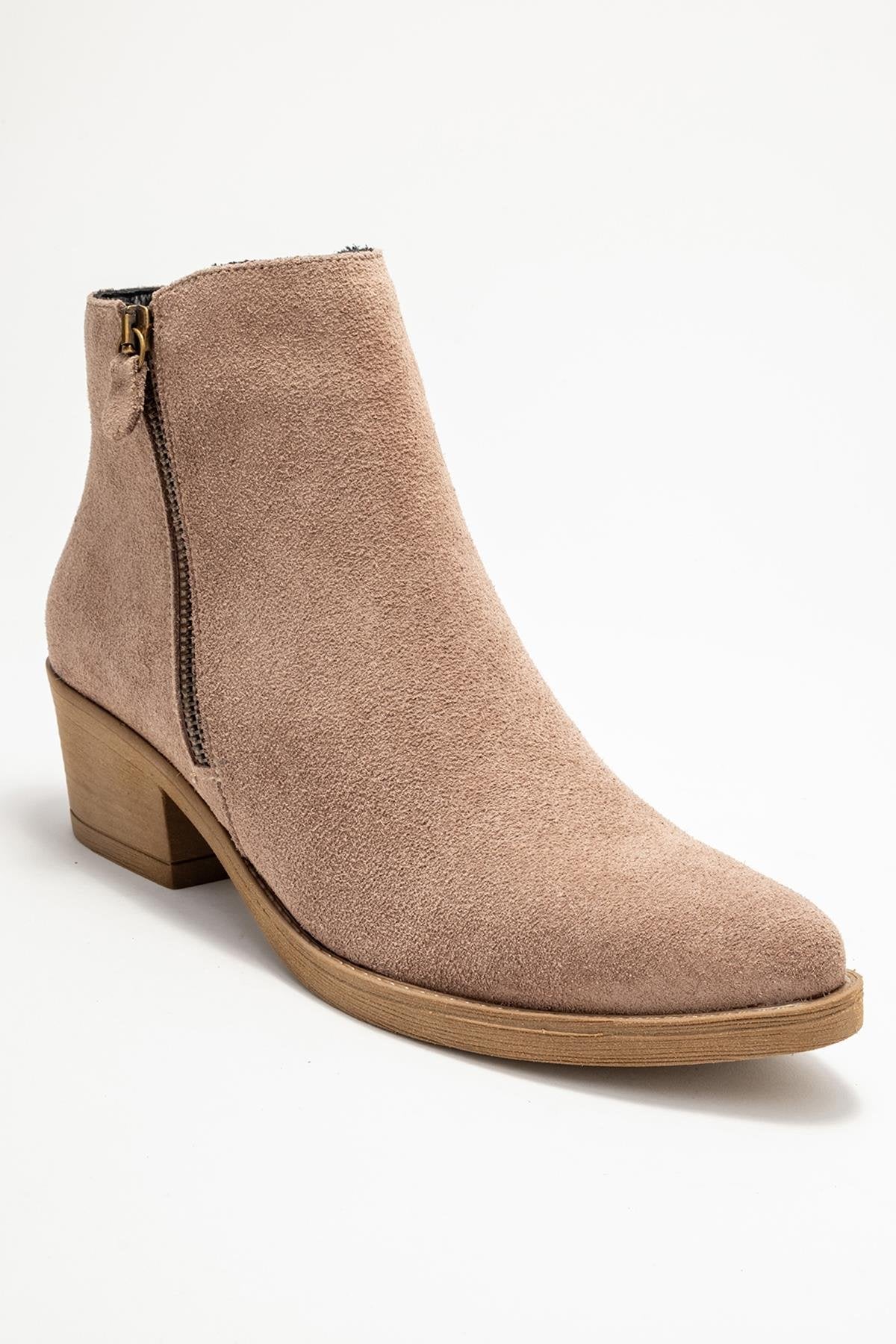 Jayer - Taupe Suede Genuine Leather Zip-Up Heeled Boot (Women) - Image 3