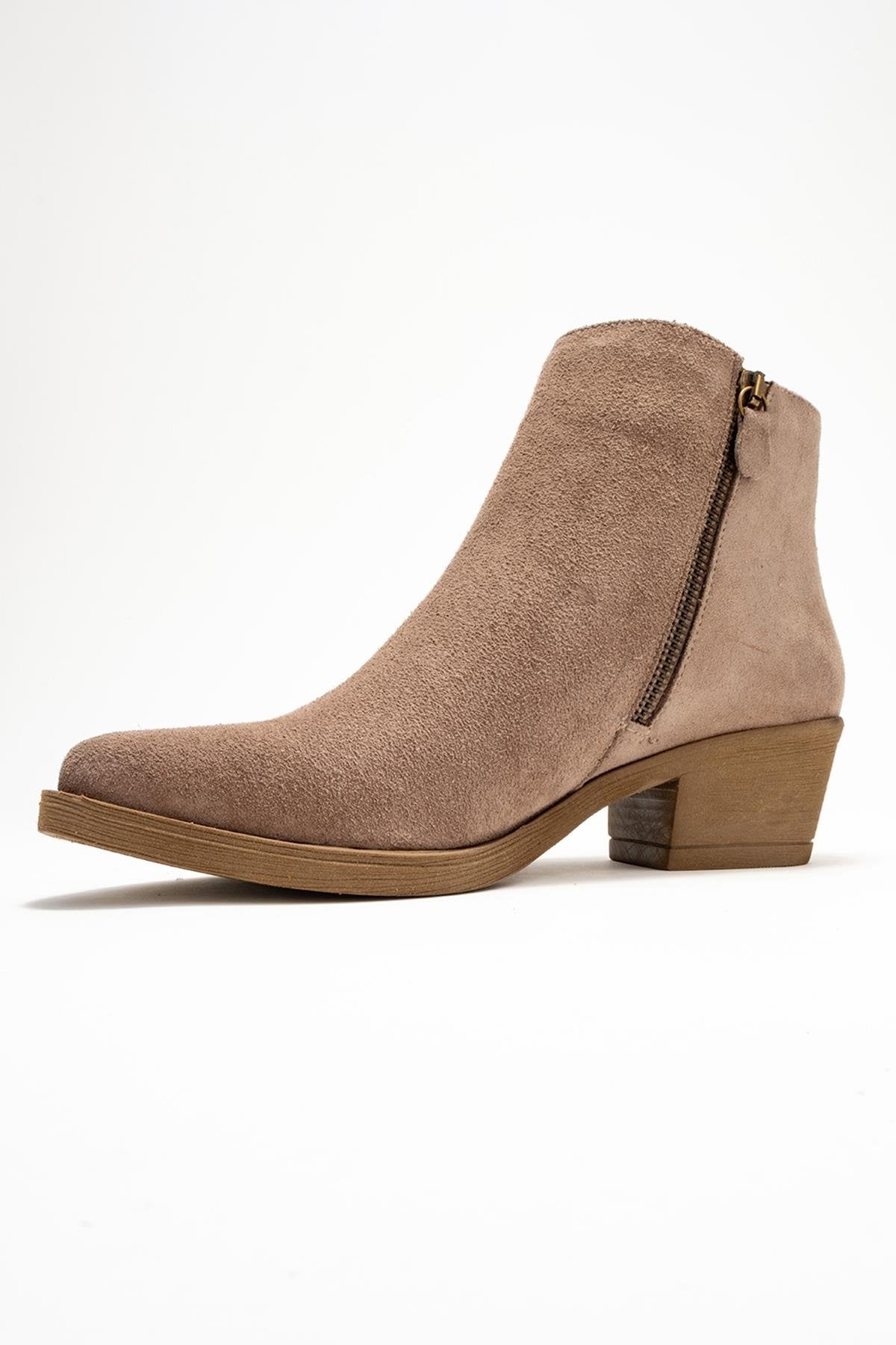 Jayer - Taupe Suede Genuine Leather Zip-Up Heeled Boot (Women) - Image 4