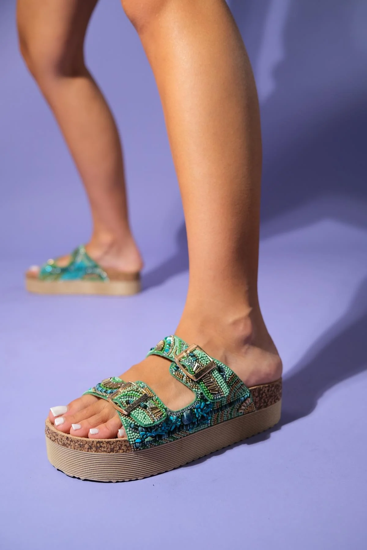 Jerry - Green Jeweled Double-Band Platform Sandal (Women)