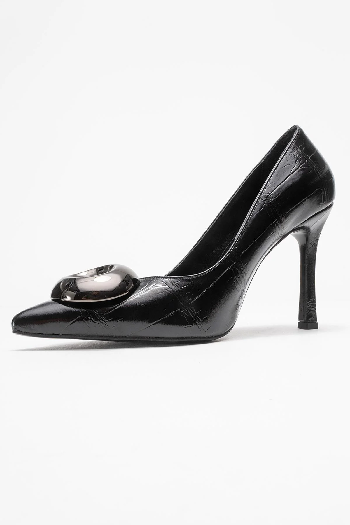 Jordana - Black Printed Platinum Buckle Stiletto Heeled Shoe (Women) - Image 4