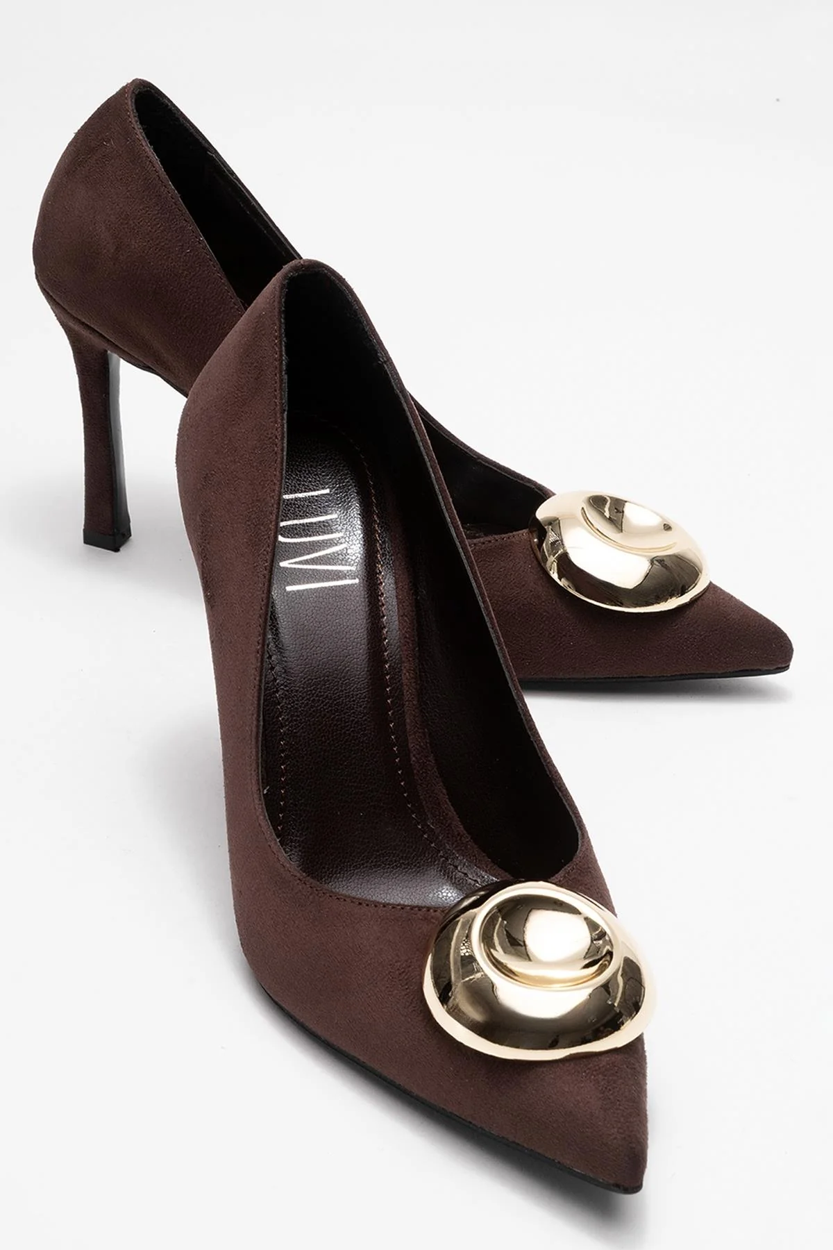 Jordana - Brown Suede Gold Buckle Stiletto Heeled Shoe (Women)