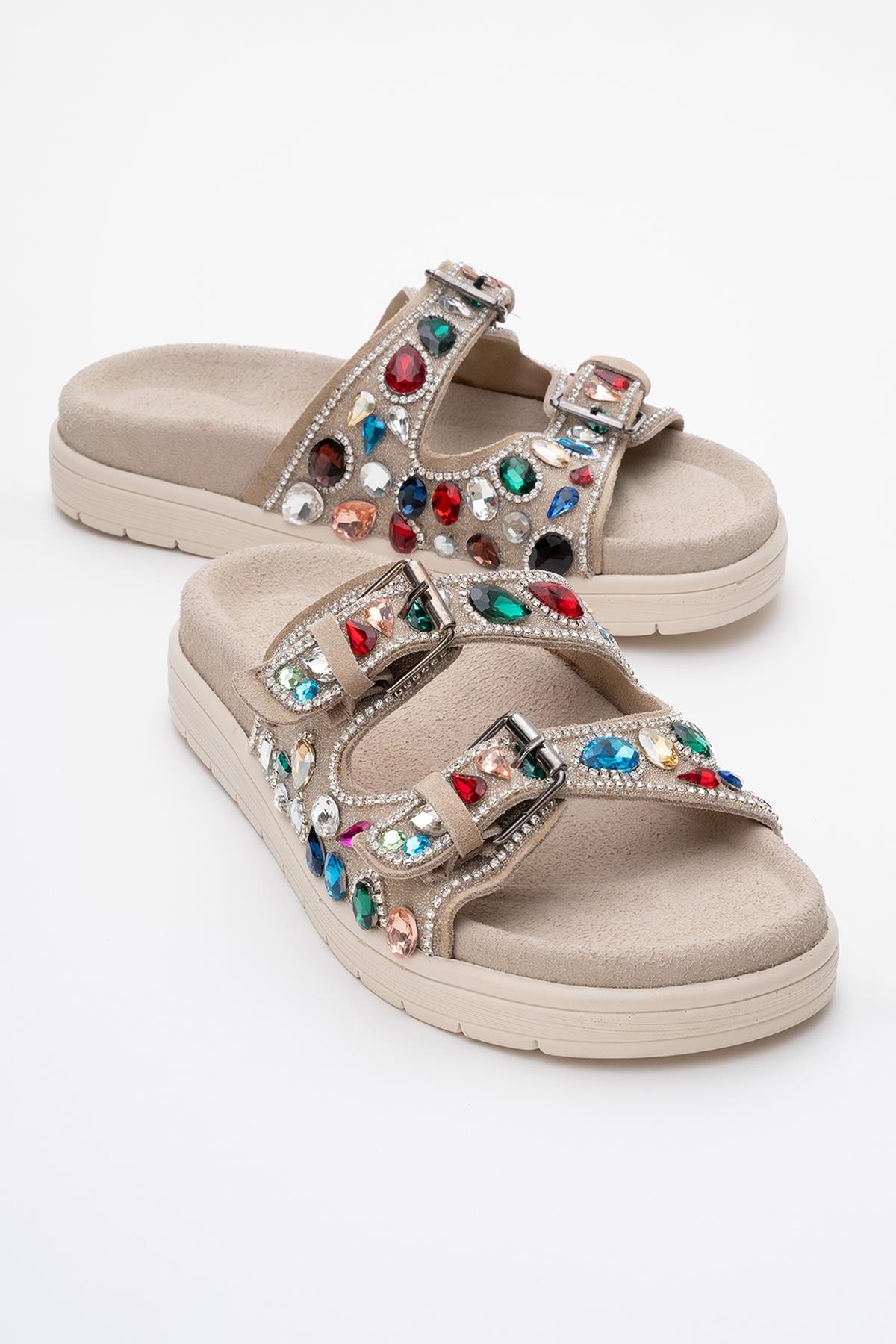 Jules - Beige Genuine Leather Double-Strap Jeweled Slide (Women)
