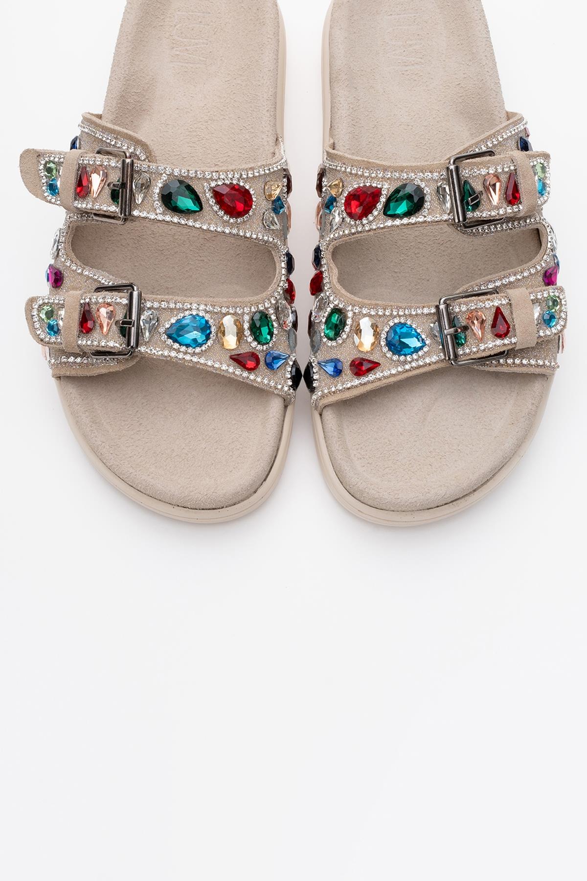 Jules - Beige Genuine Leather Double-Strap Jeweled Slide (Women) - Image 2