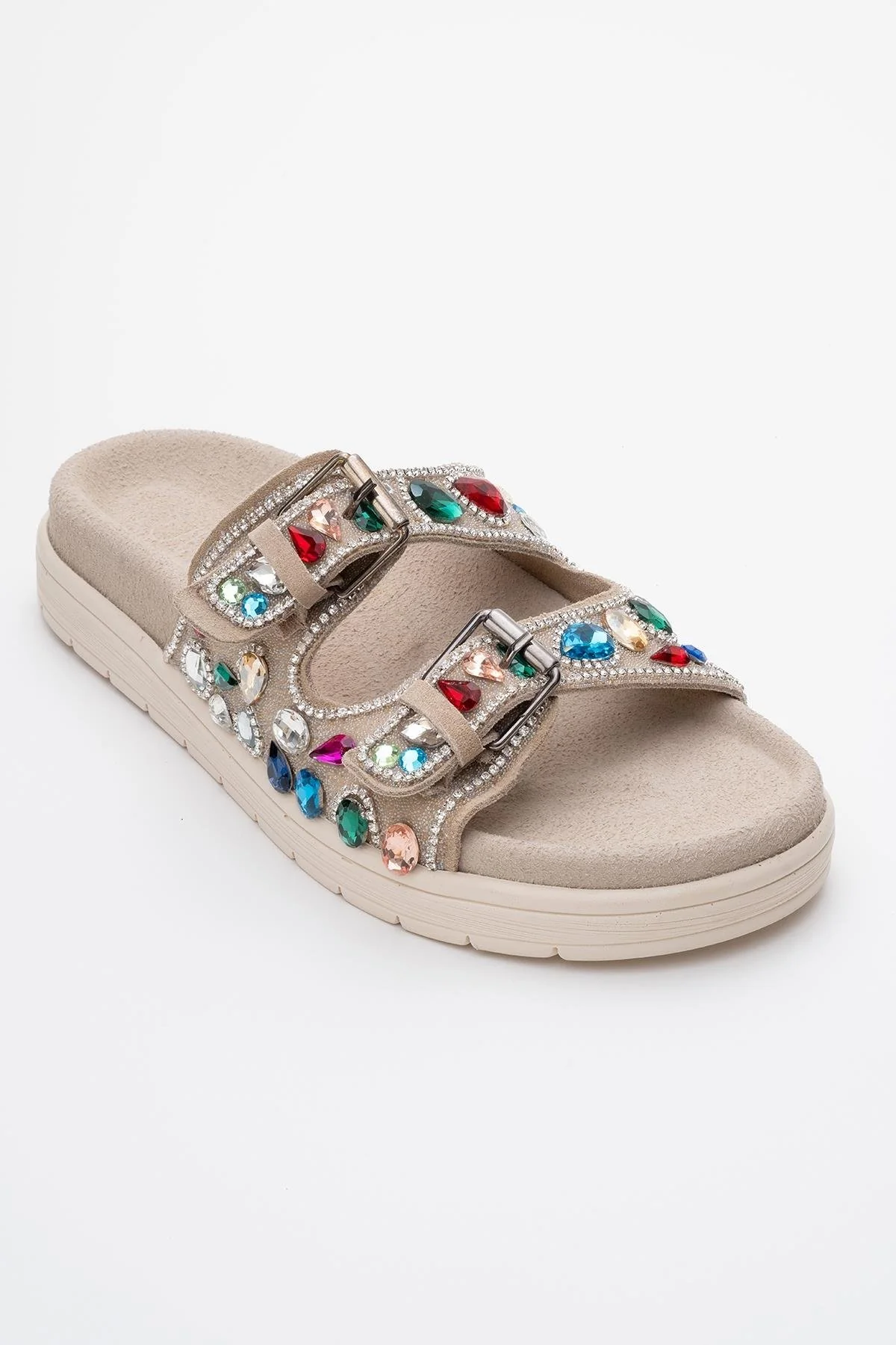 Jules - Beige Genuine Leather Double-Strap Jeweled Slide (Women) - Image 3