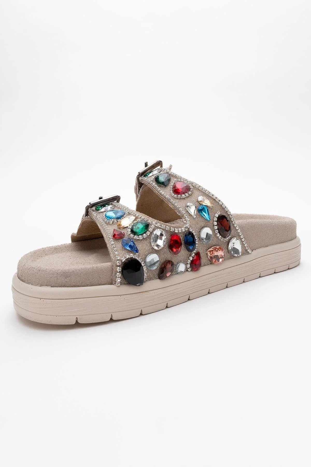 Jules - Beige Genuine Leather Double-Strap Jeweled Slide (Women) - Image 4