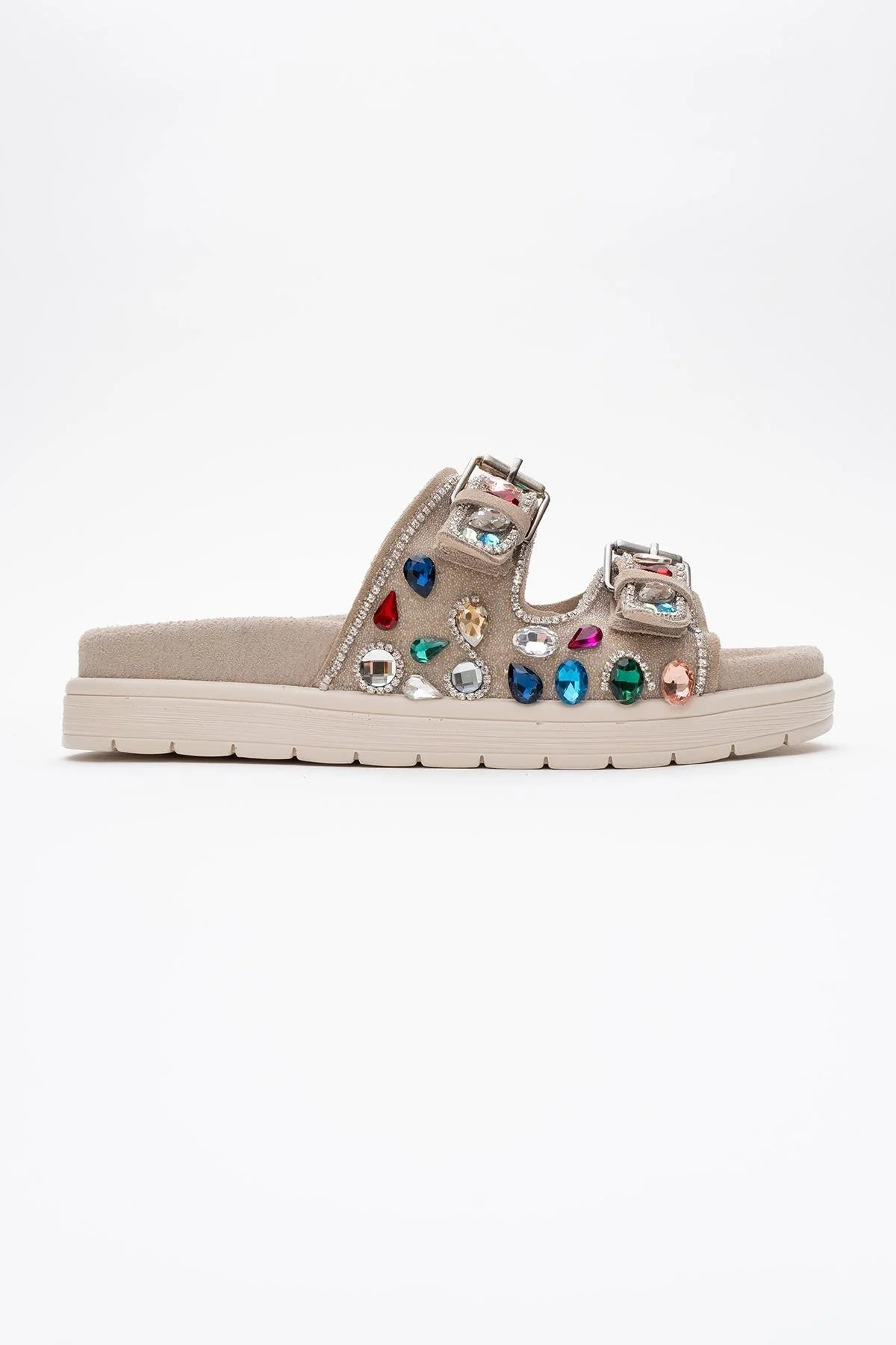 Jules - Beige Genuine Leather Double-Strap Jeweled Slide (Women) - Image 6