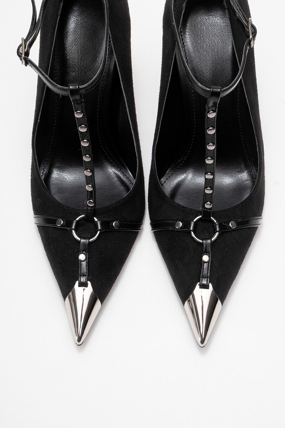 Juliana - Black Strapped Metallic Toe Heeled Shoe (Women) - Image 2