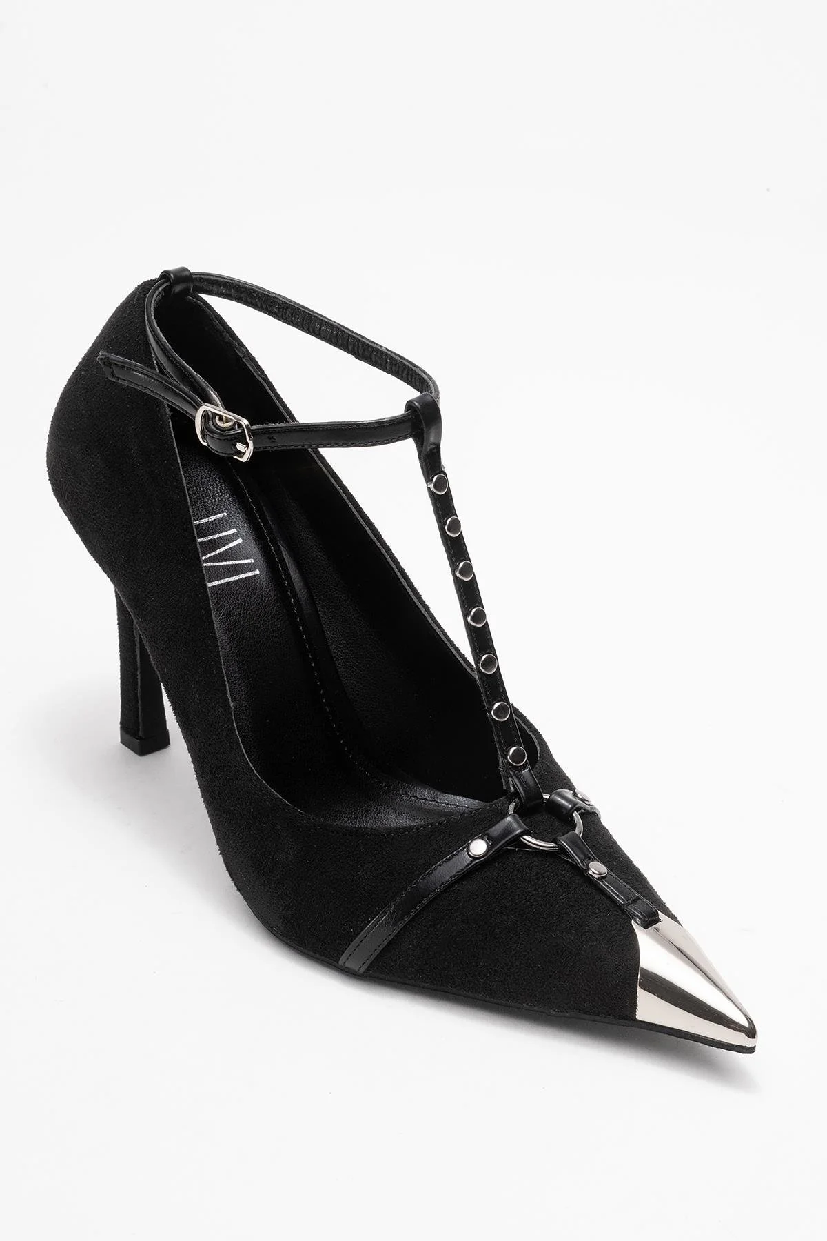 Juliana - Black Strapped Metallic Toe Heeled Shoe (Women) - Image 3