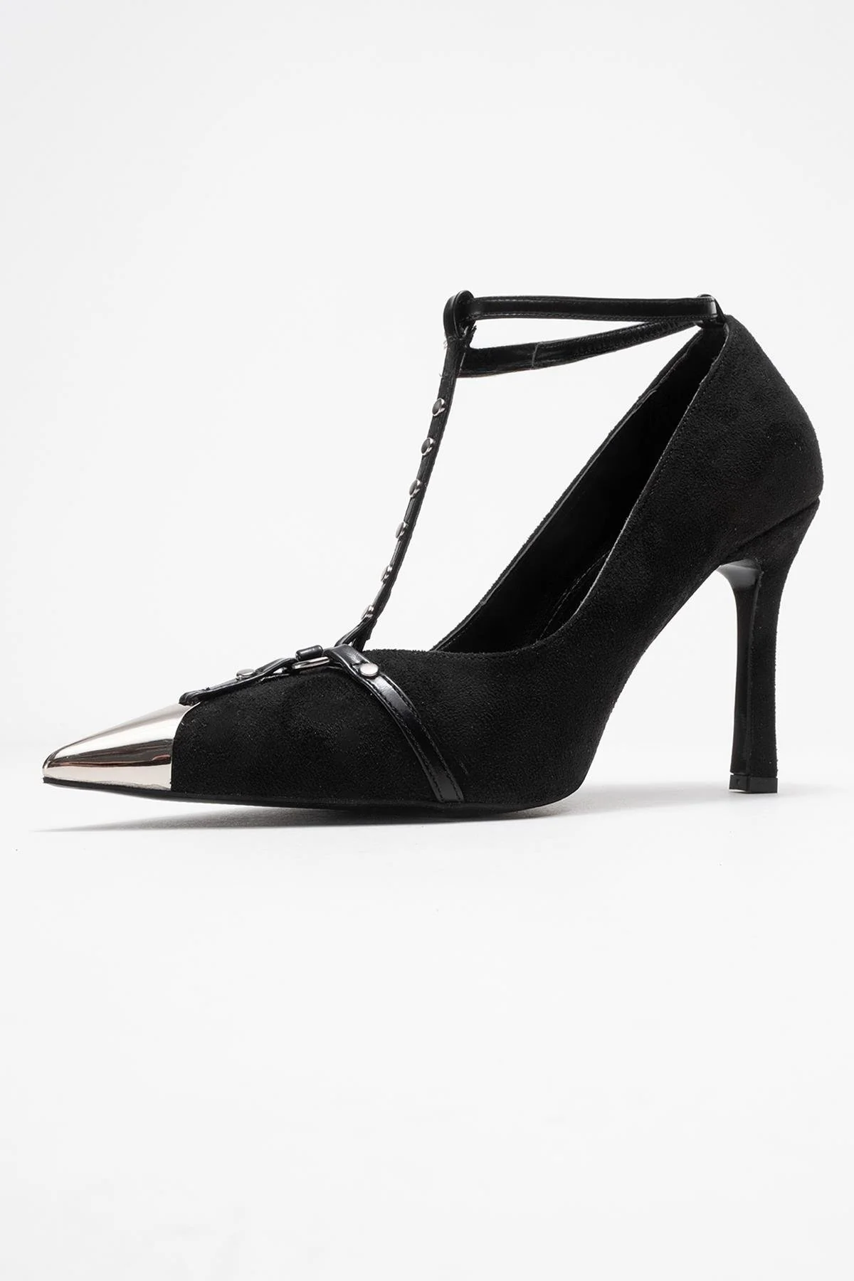 Juliana - Black Strapped Metallic Toe Heeled Shoe (Women) - Image 4