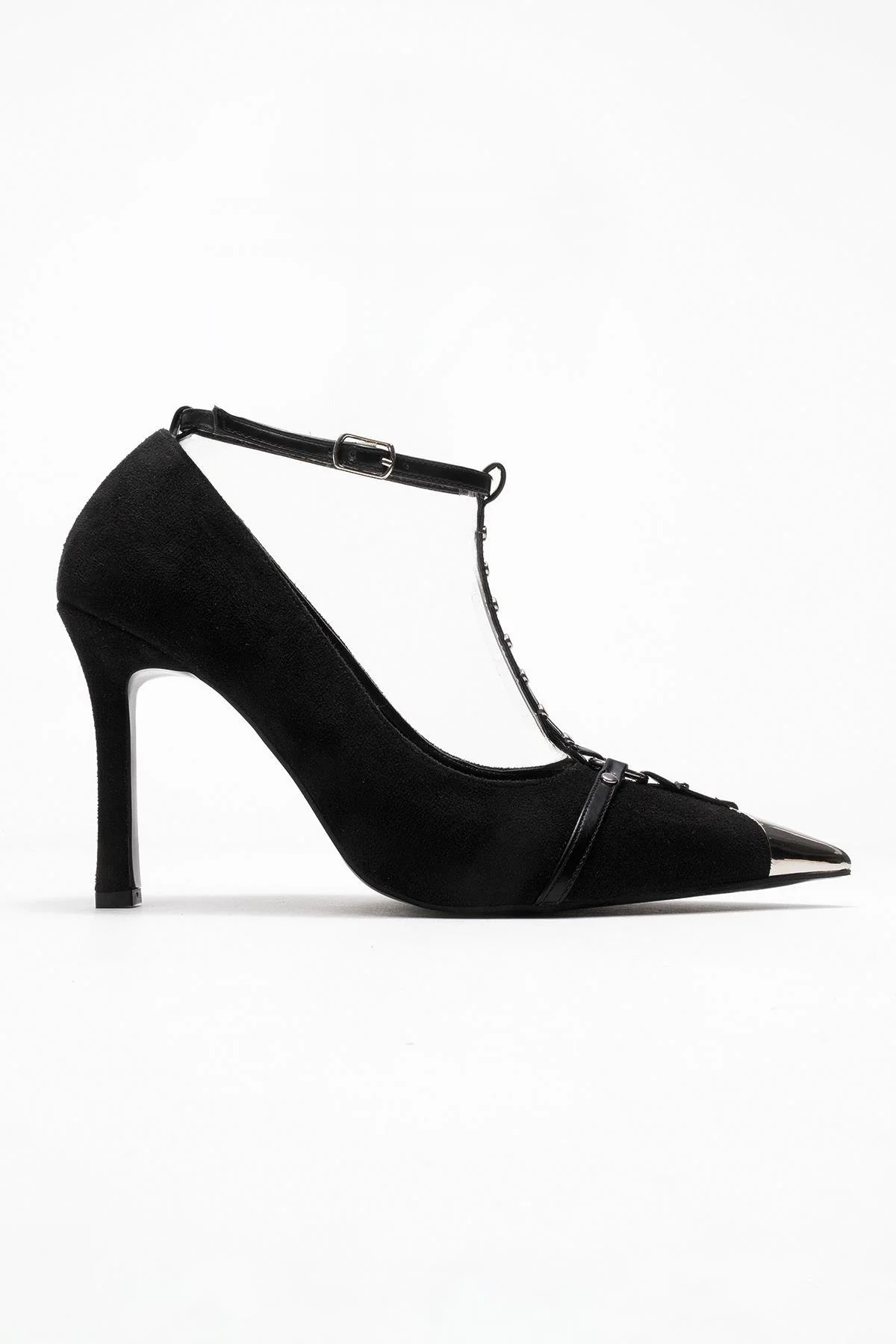 Juliana - Black Strapped Metallic Toe Heeled Shoe (Women) - Image 6