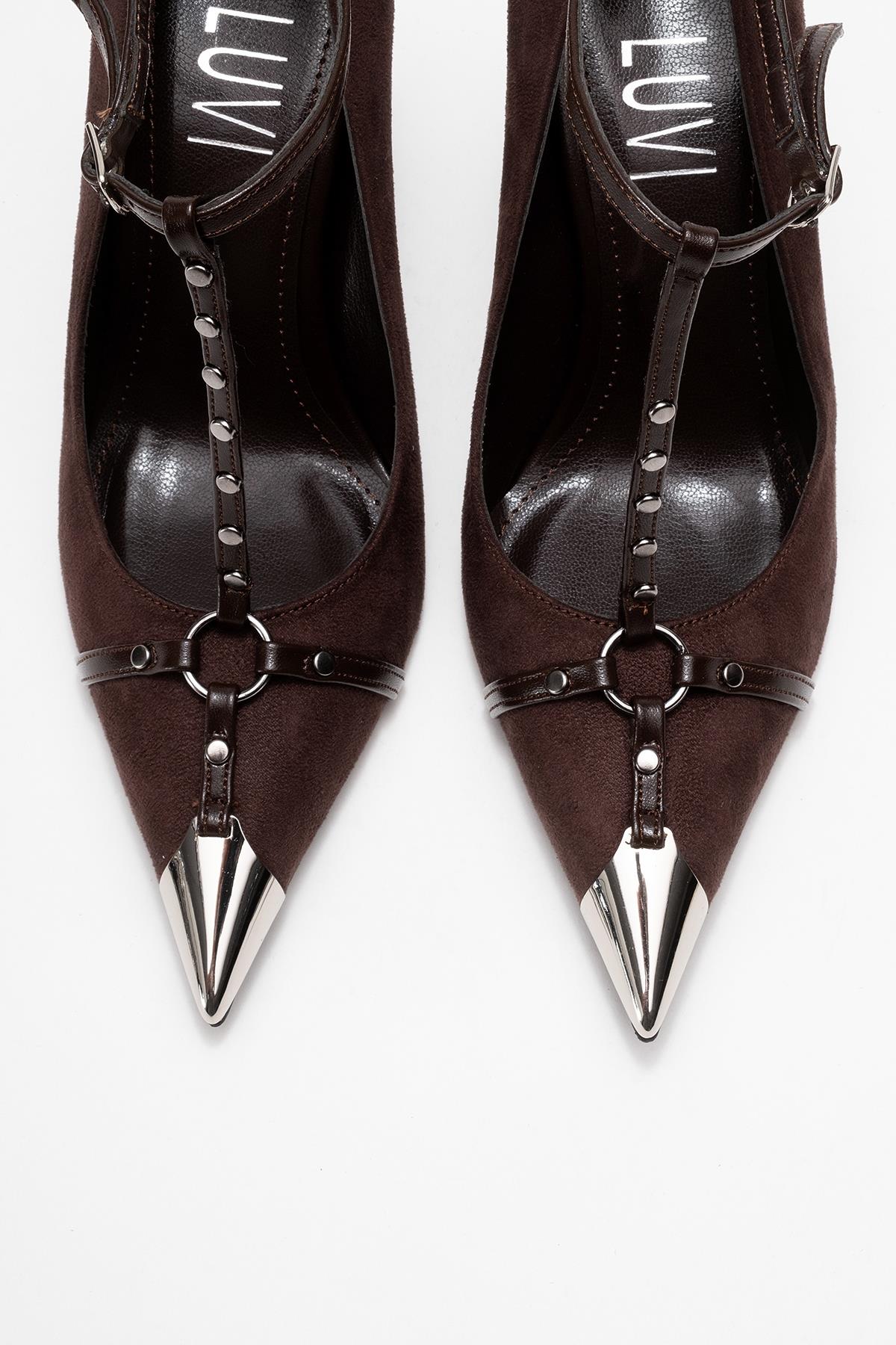 Juliana - Brown Strapped Metallic Toe Heeled Shoe (Women) - Image 2