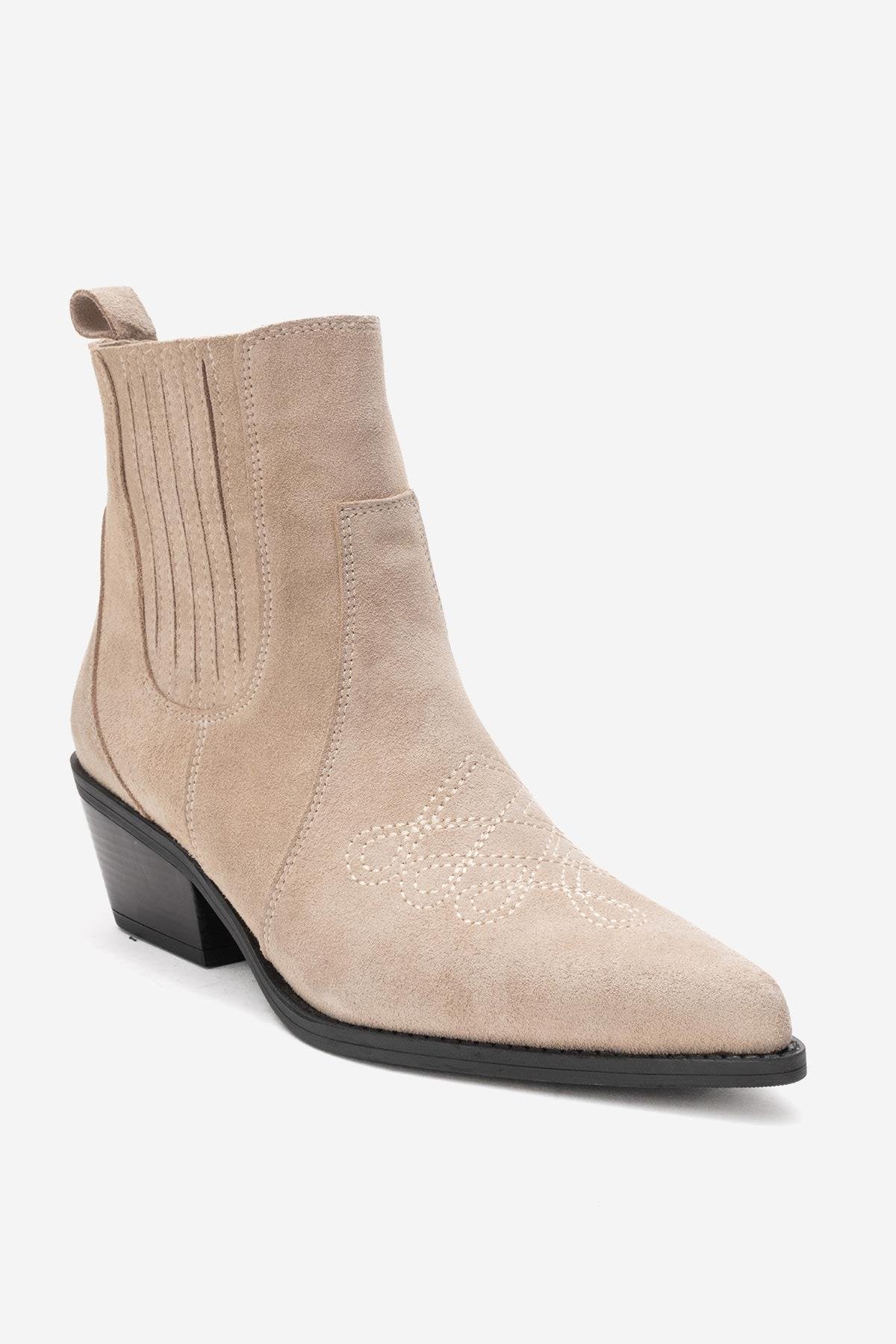 JULIETA - Beige Genuine Suede Leather Block Heel Western Boot (Women) - Image 3
