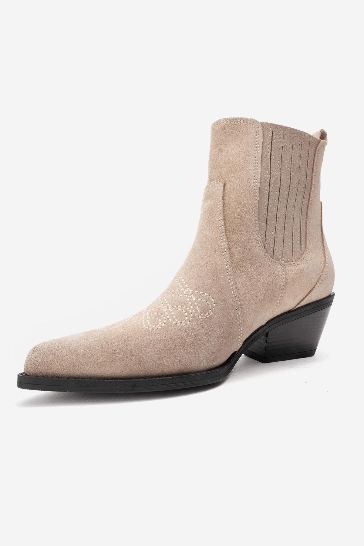 JULIETA - Beige Genuine Suede Leather Block Heel Western Boot (Women) - Image 4