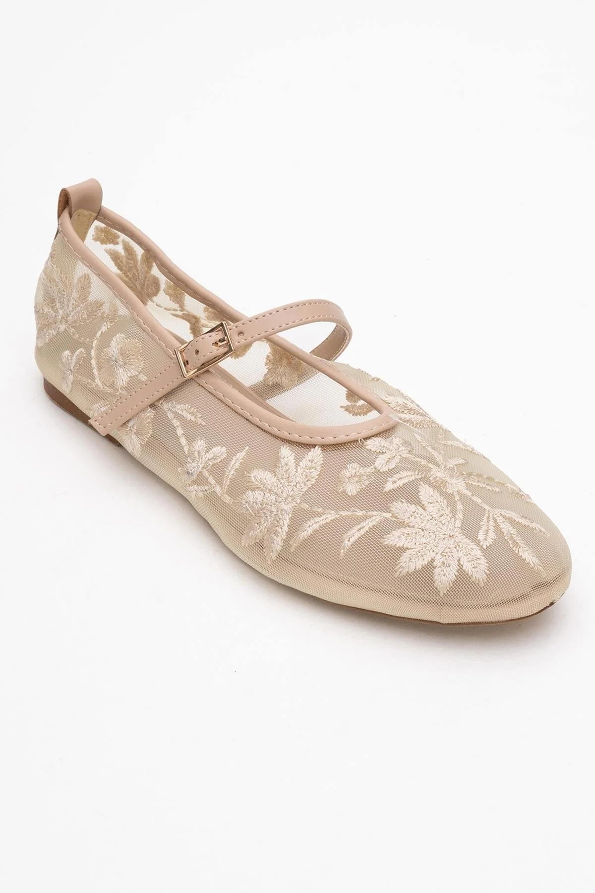 Juny Beige Mesh Floral Embroidery Ballet Flat (Women) - Image 3