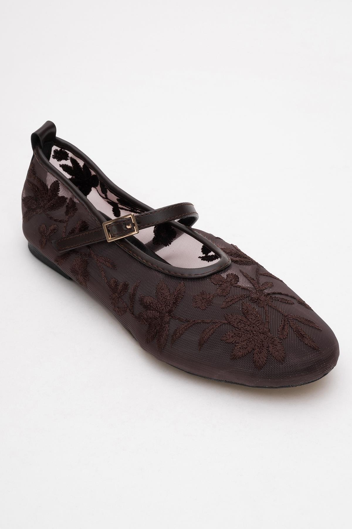 Juny Brown Mesh Floral Embroidery Ballet Flat (Women) - Image 3