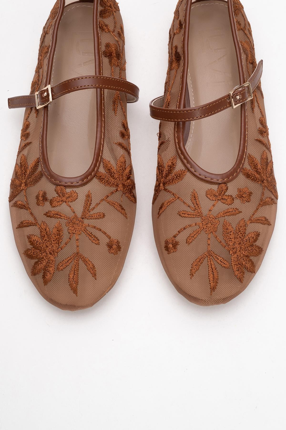 Juny Cognac Brown Mesh Floral Embroidery Ballet Flat (Women) - Image 2