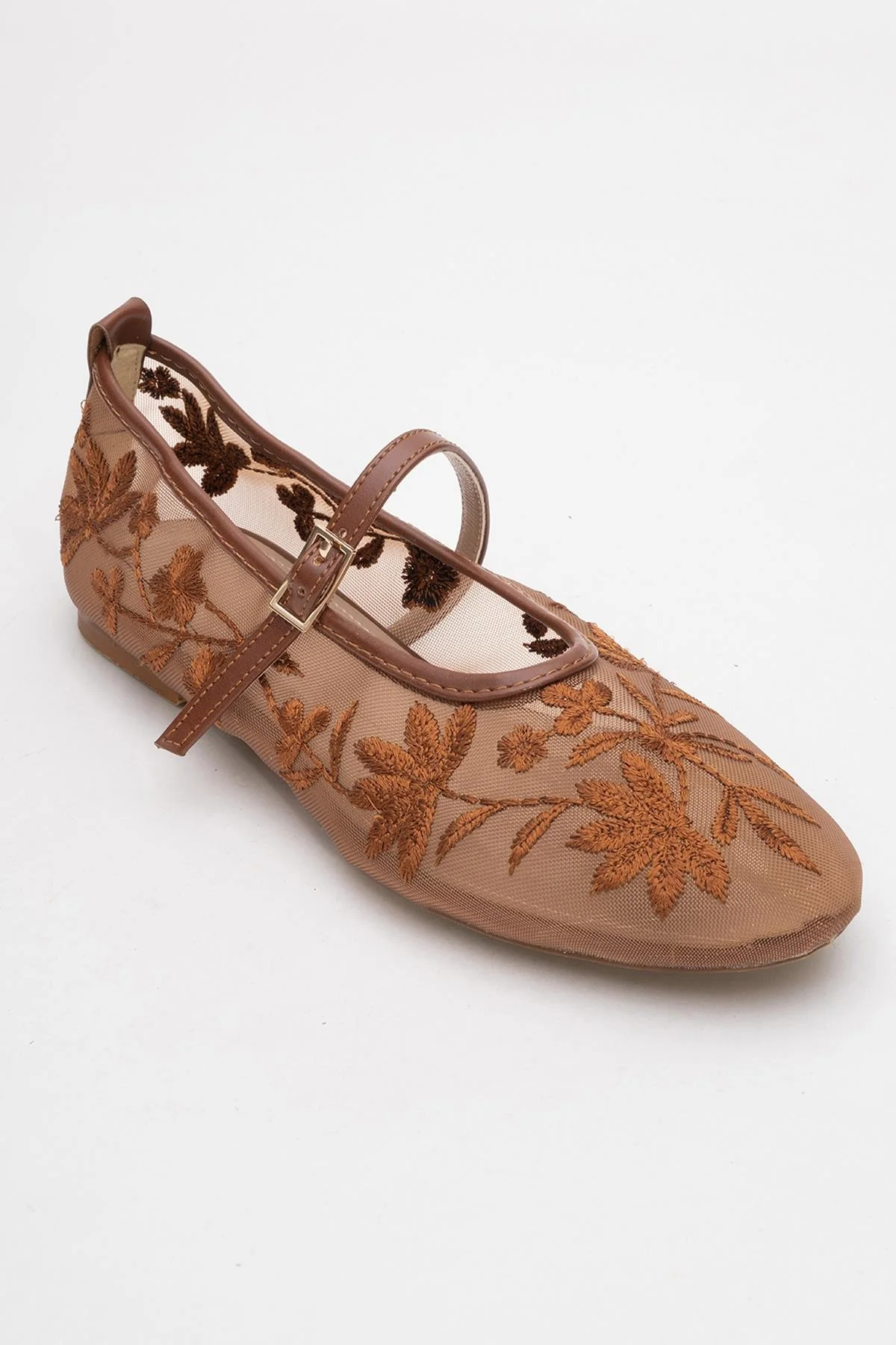 Juny Cognac Brown Mesh Floral Embroidery Ballet Flat (Women) - Image 3
