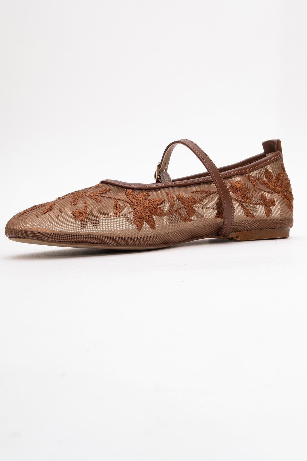 Juny Cognac Brown Mesh Floral Embroidery Ballet Flat (Women) - Image 4