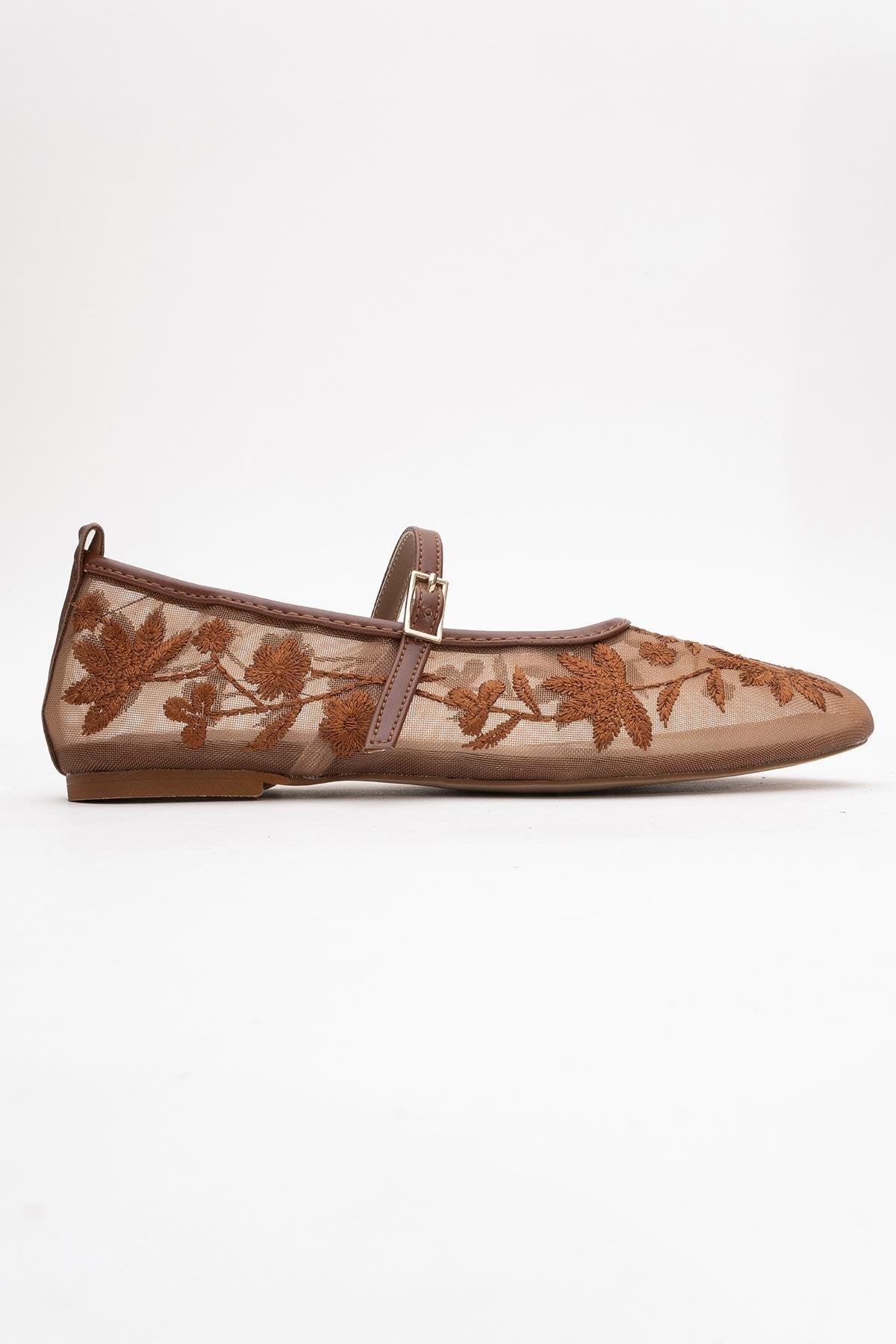 Juny Cognac Brown Mesh Floral Embroidery Ballet Flat (Women) - Image 6
