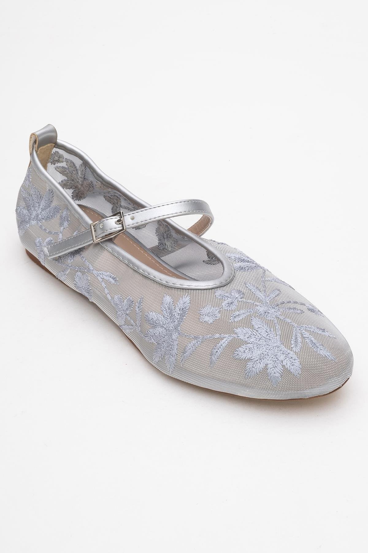 Juny Gray Mesh Floral Embroidery Ballet Flat (Women) - Image 3