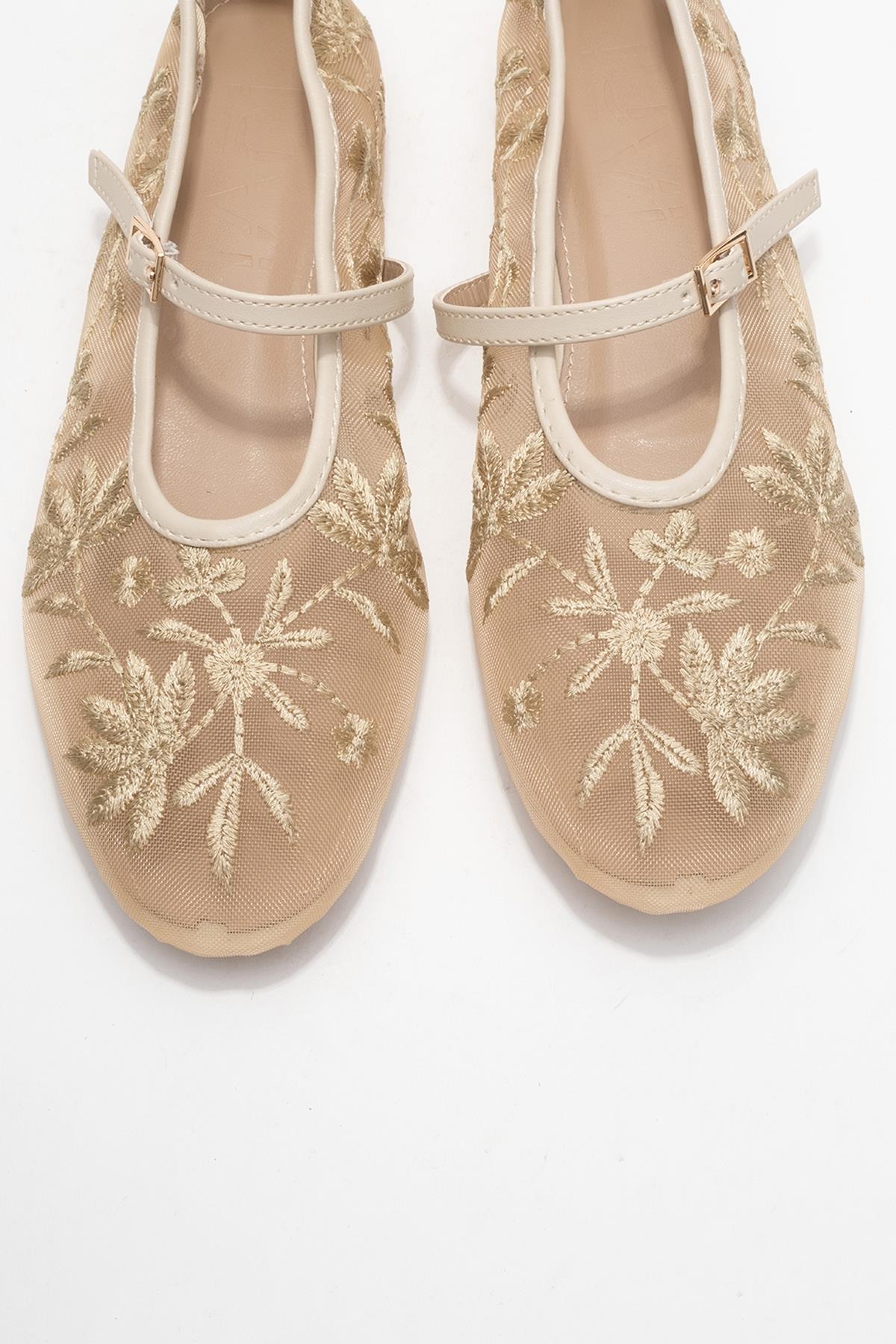 Juny Ivory Mesh Floral Embroidery Ballet Flat (Women) - Image 2