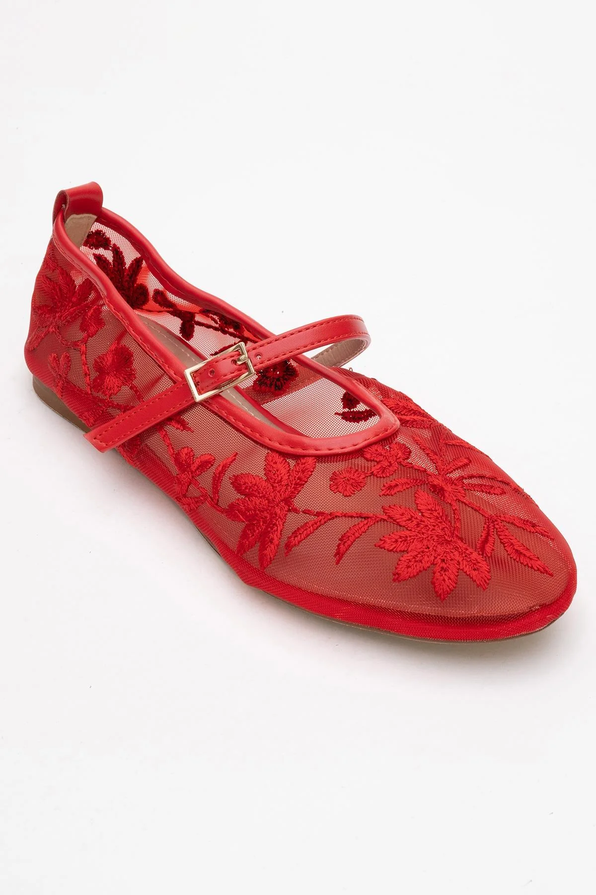 Juny Red Mesh Floral Embroidery Ballet Flat (Women) - Image 3