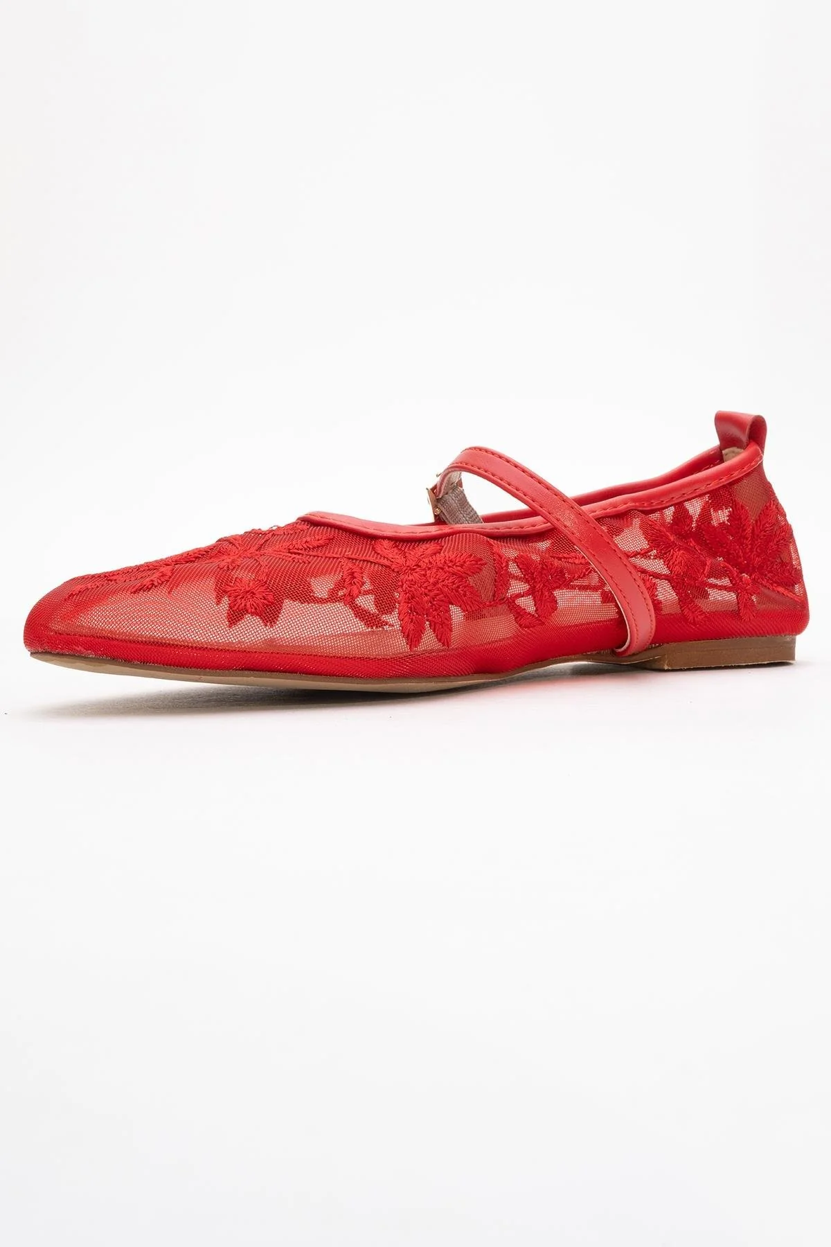 Juny Red Mesh Floral Embroidery Ballet Flat (Women) - Image 4