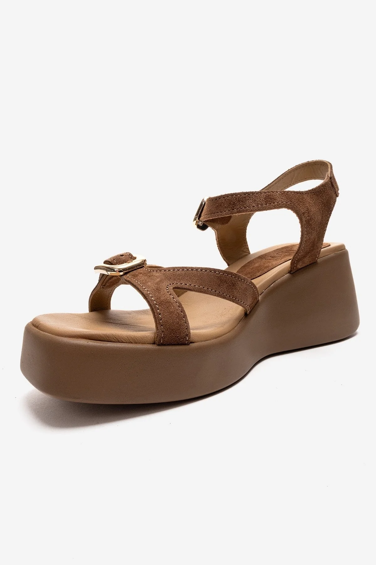 Kalia - Taupe Suede Genuine Leather Buckle Wedge Sandal (Women) - Image 6