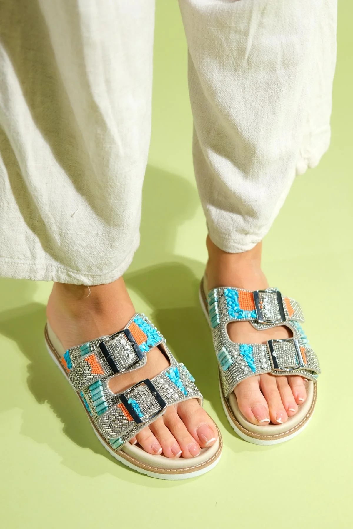 Lanso - Beige Jeweled Double Strap Slide (Women)