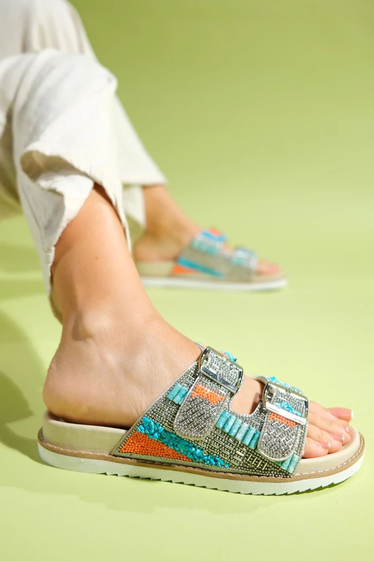 Lanso - Beige Jeweled Double Strap Slide (Women) - Image 3