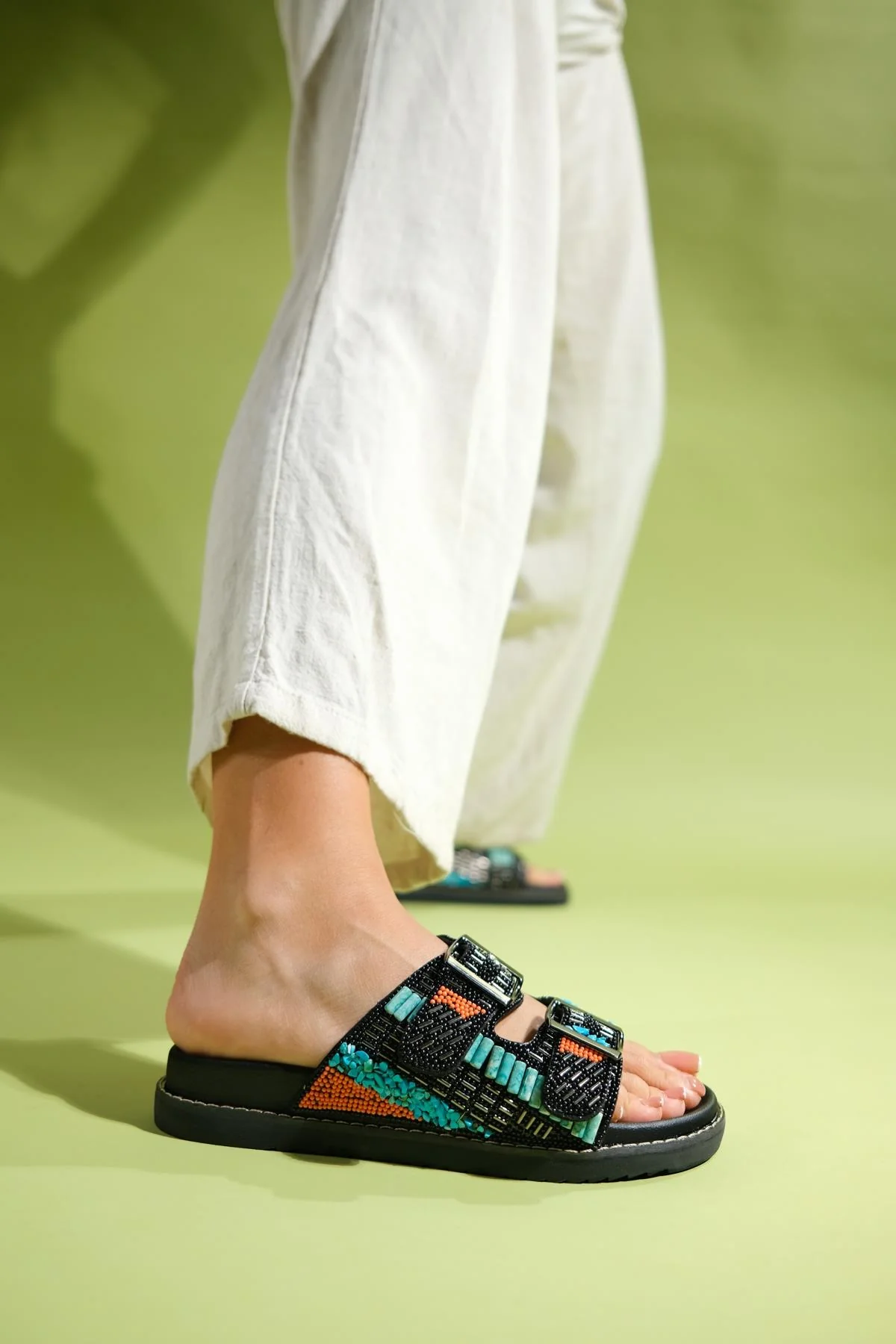 Lanso - Black Jeweled Double Strap Slide (Women) - Image 6